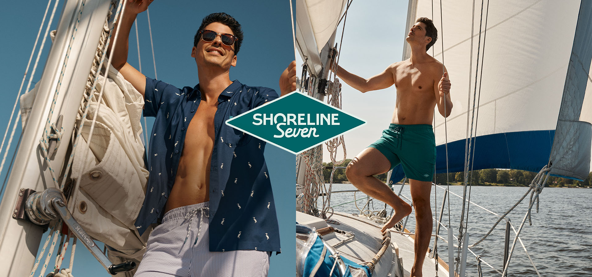 Man aboard a sailboat, wearing volley swim shorts and a Shoreline Seven shirt.