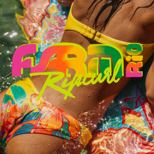 A woman in the water, viewed from behind and partially lying on a surfboard, wearing a bikini set from the Rip Curl x FARM Rio collaboration.