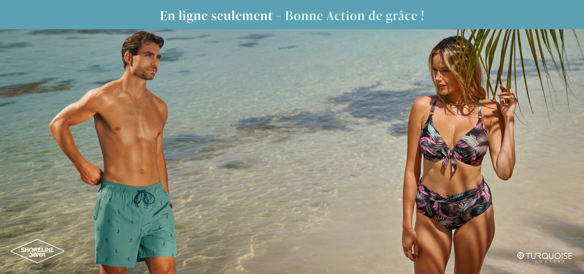 Femme portant un ensemble bikini Turquoise Couture et homme portant un maillot Shoreline Seven.