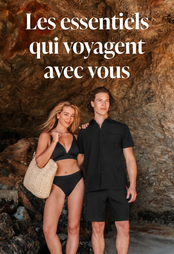 Homme et femme portant des items indispensables de couleur noire.