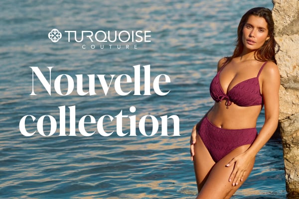 Femme portant un bikini prune profond de la marque Turquoise Couture, affichant une allure &eacute;l&eacute;gante et assur&eacute;e. 