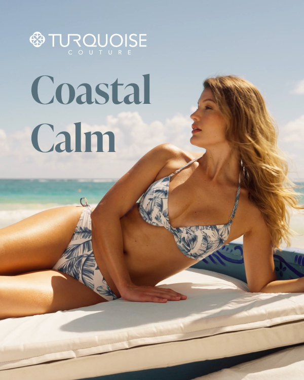 woman reclining on a bench wearing an exotic‑pattern bikini set from Turquoise Couture.