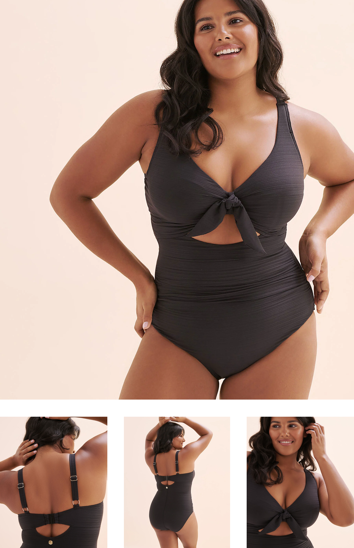 Woman wearing a black one‑piece swimsuit by the brand Artesands 