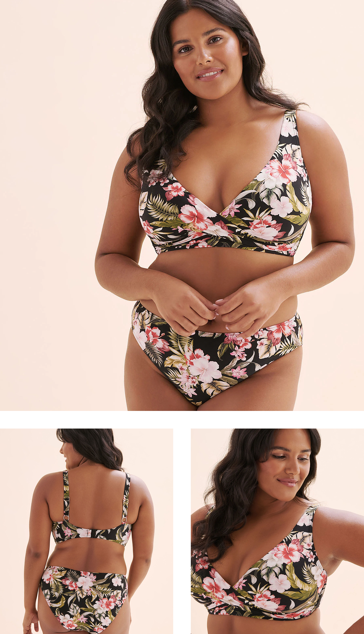 Woman wearing a floral bikini set by the brand Artesands.