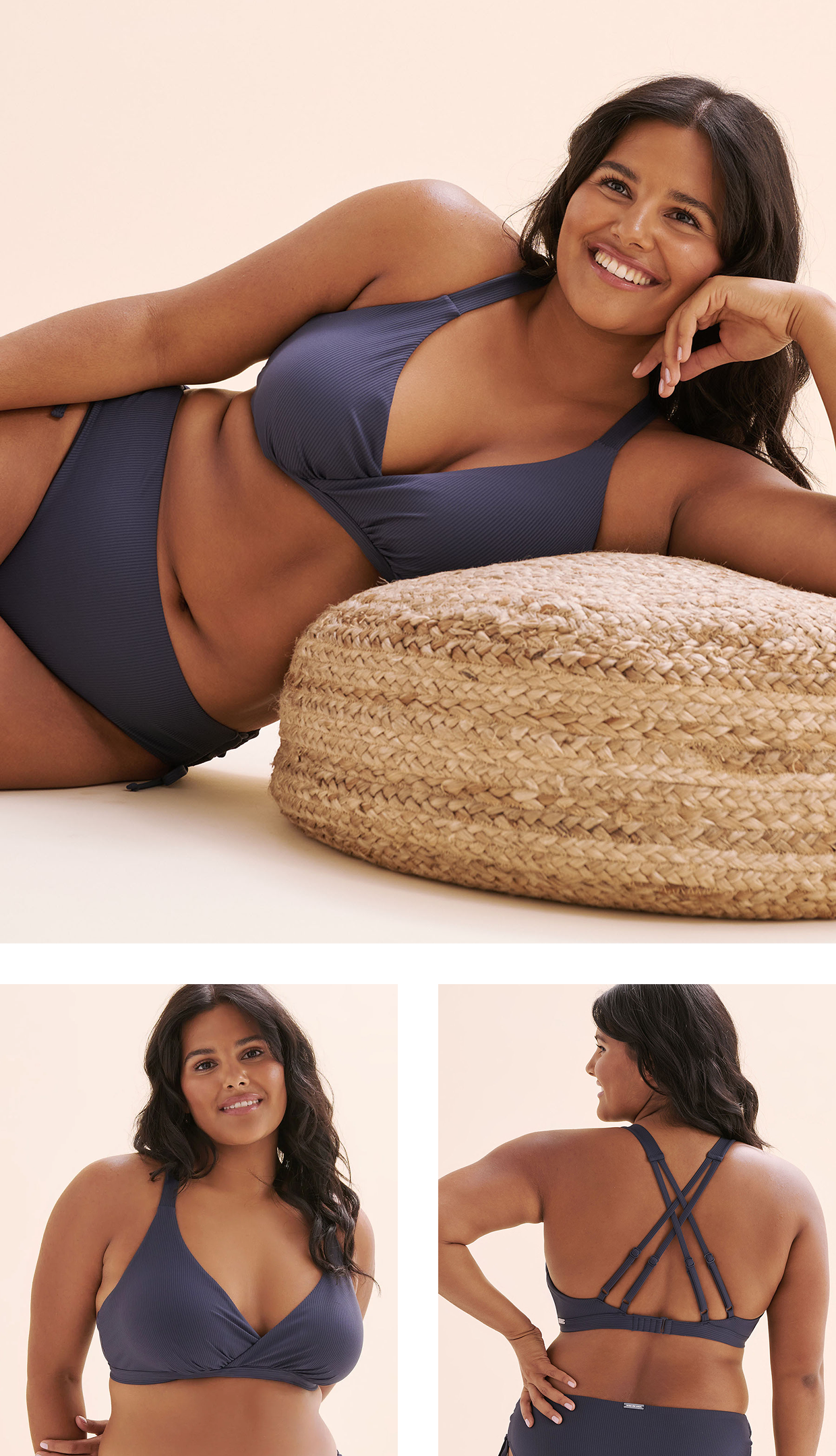 Woman wearing a blue bikini set by the brand Eau De Sea.