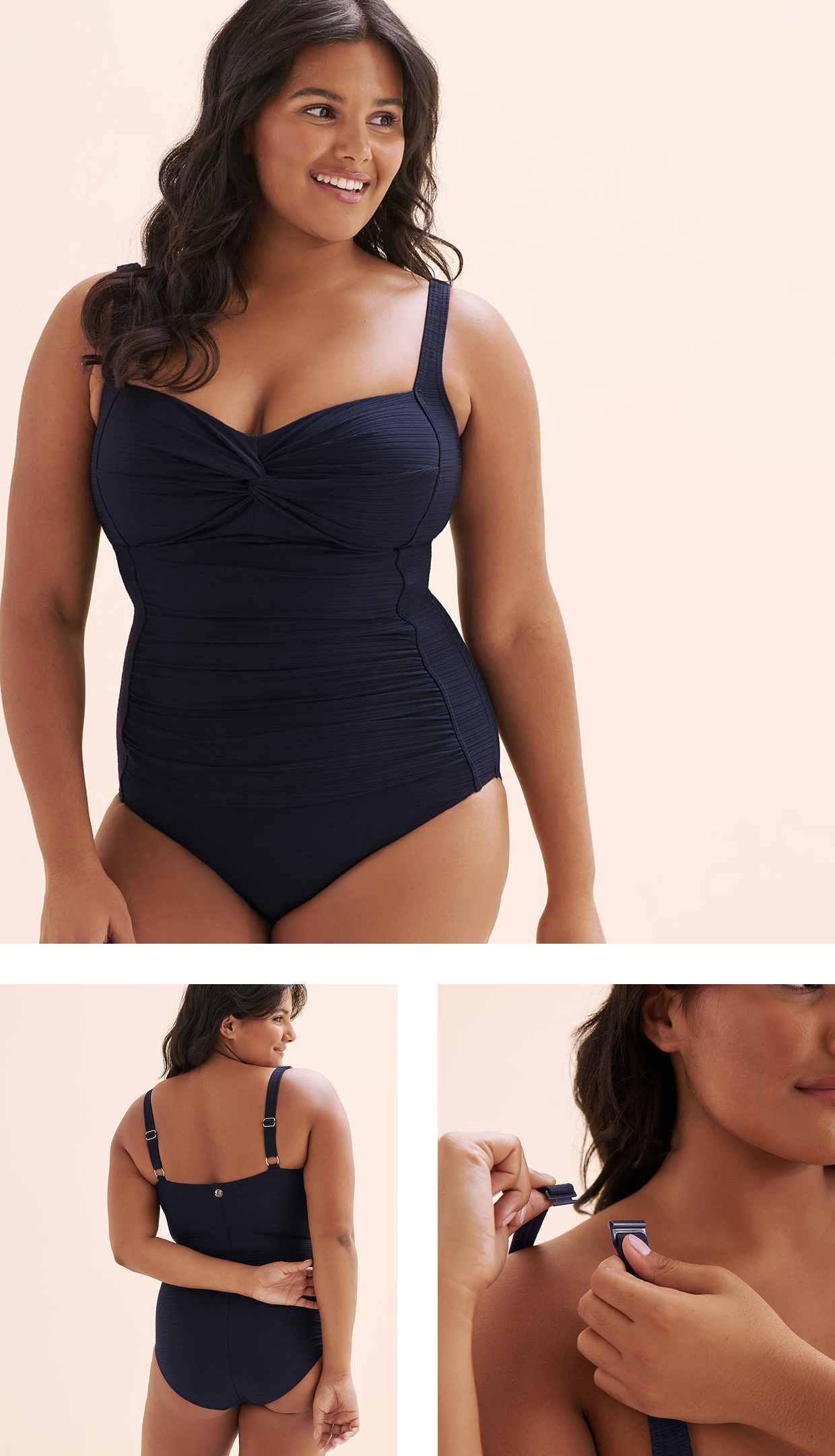 Woman wearing a blue one‑piece swimsuit by the brand Artesands.