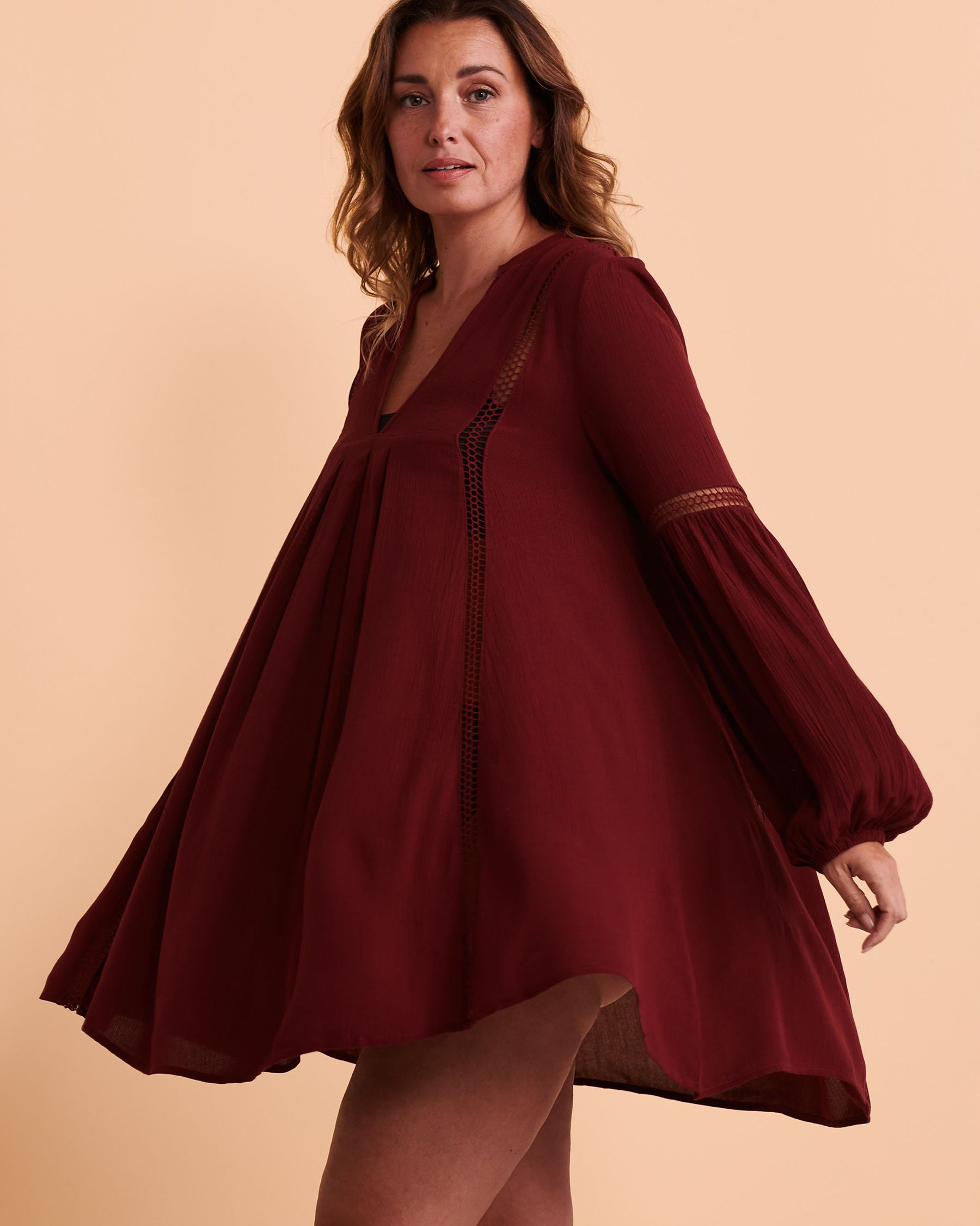 TURQUOISE COUTURE Robe manches longues détail de crochet Vin rouge 02300073 - Voir4
