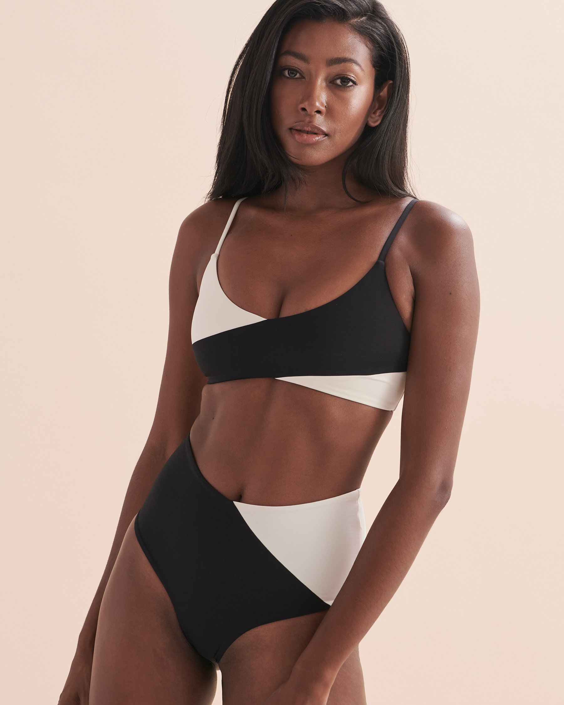 L*SPACE Domino High Waist Cheeky Bikini Bottom Black and cream CBHTC23 - View4