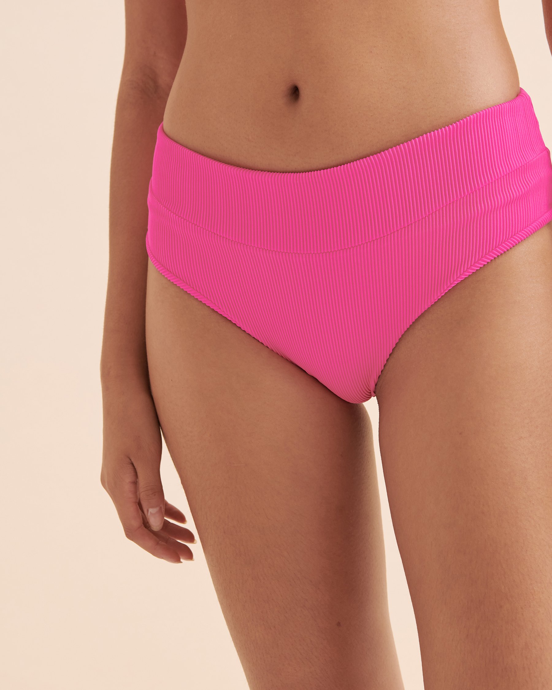 KULANI KINIS Flamingo Pink Ribbed Cheeky High Waist Bikini Bottom Flamingo Pink BOT222FLRIB - View1