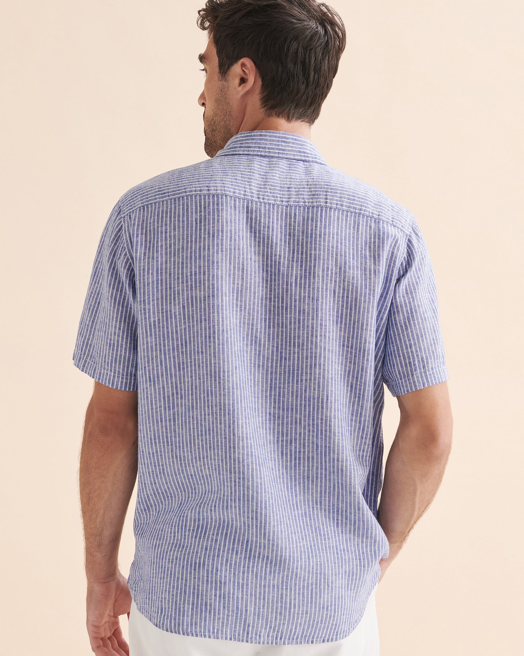 PUBLIC BEACH Linen Striped Short Sleeve Shirt Blue PB6216BIK - View2