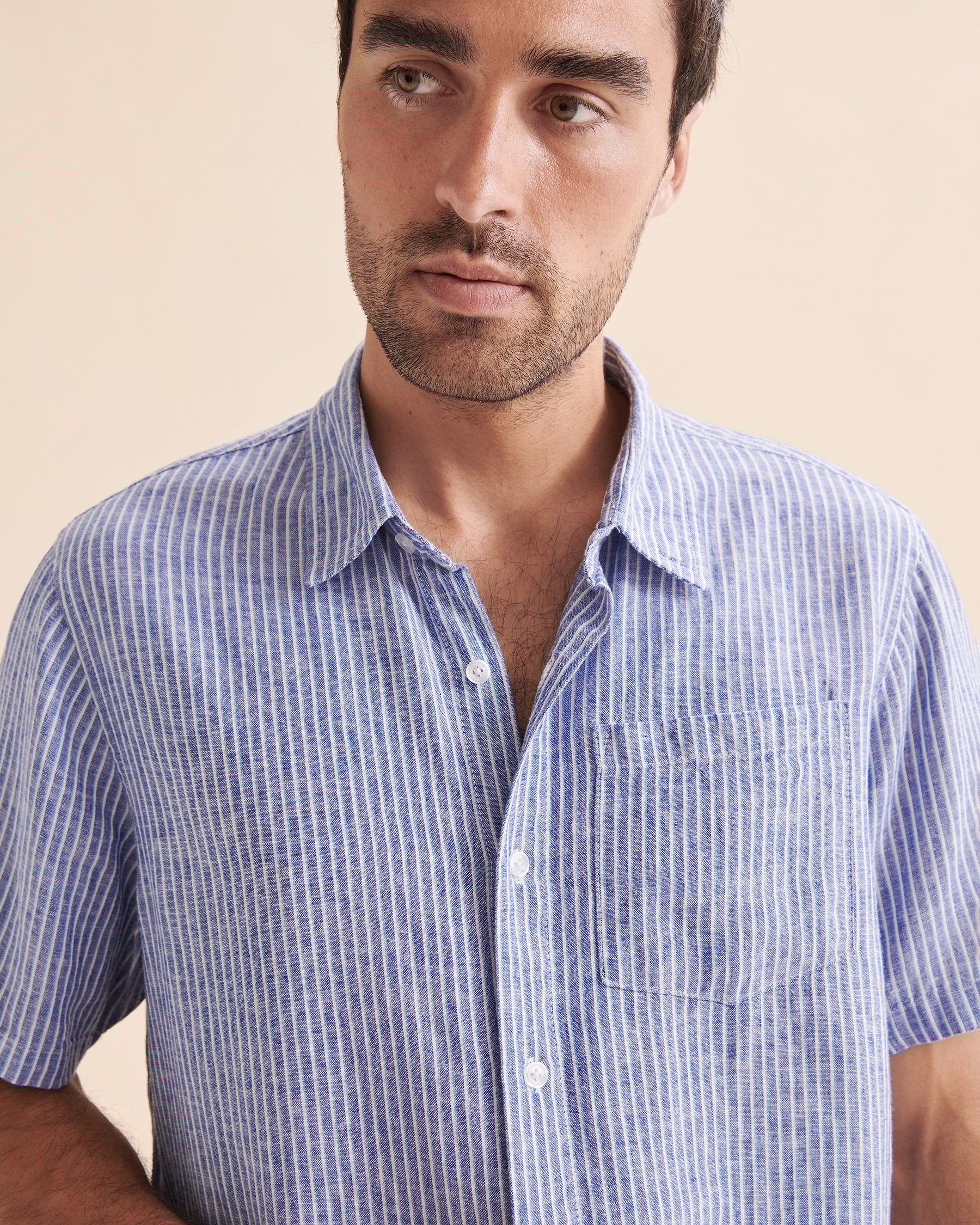 PUBLIC BEACH Linen Striped Short Sleeve Shirt Blue PB6216BIK - View3