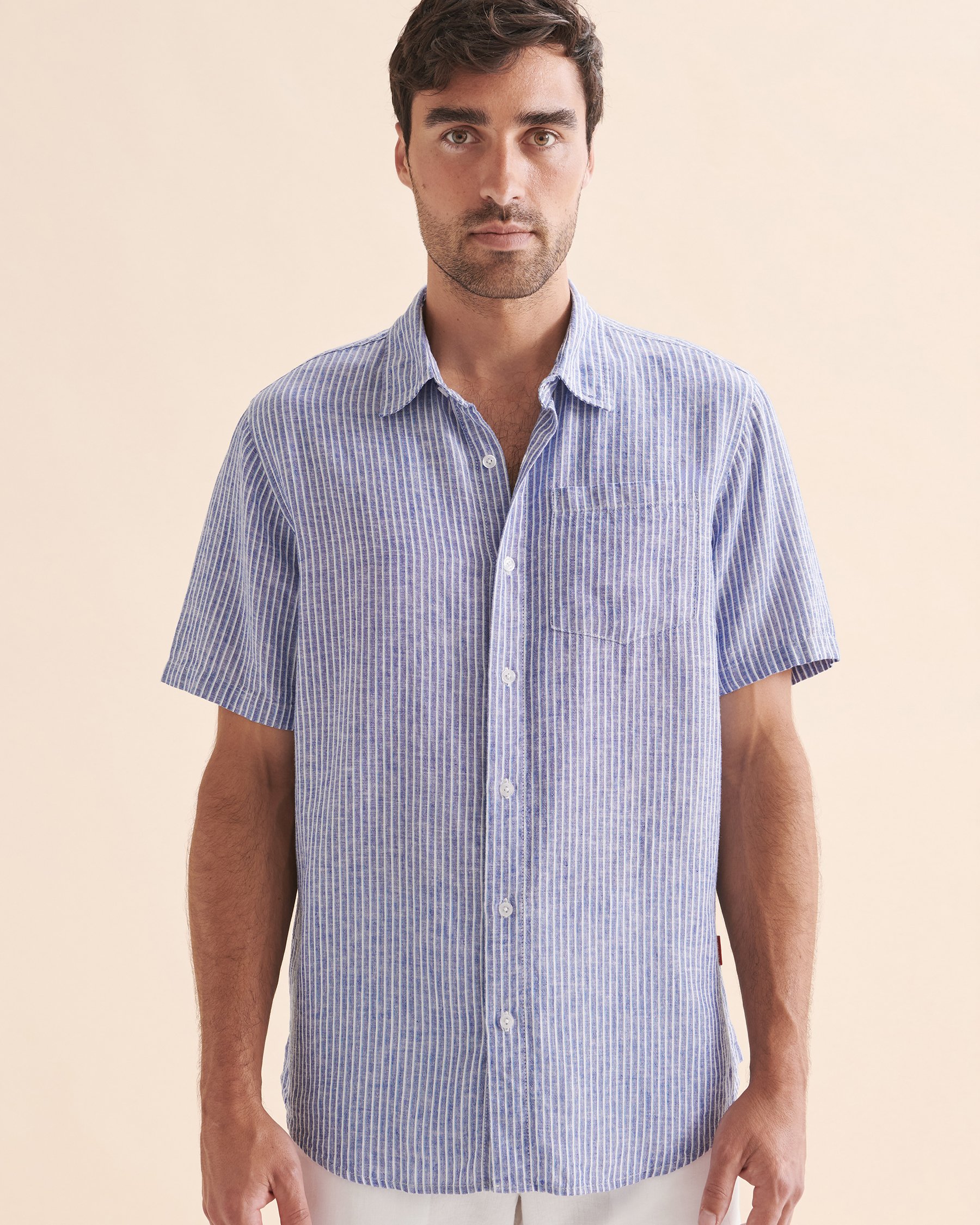 PUBLIC BEACH Linen Striped Short Sleeve Shirt Blue PB6216BIK - View4