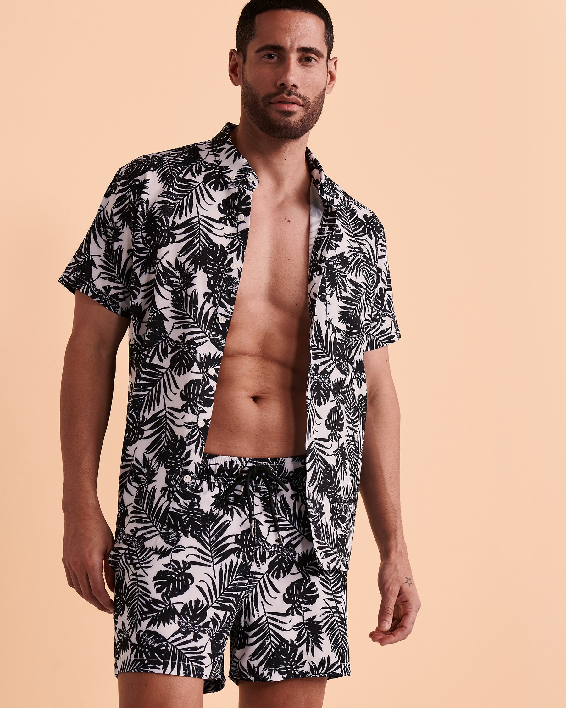 HAMABE Short Sleeve Button-down Shirt Black tropical leaves 04100010 - View3