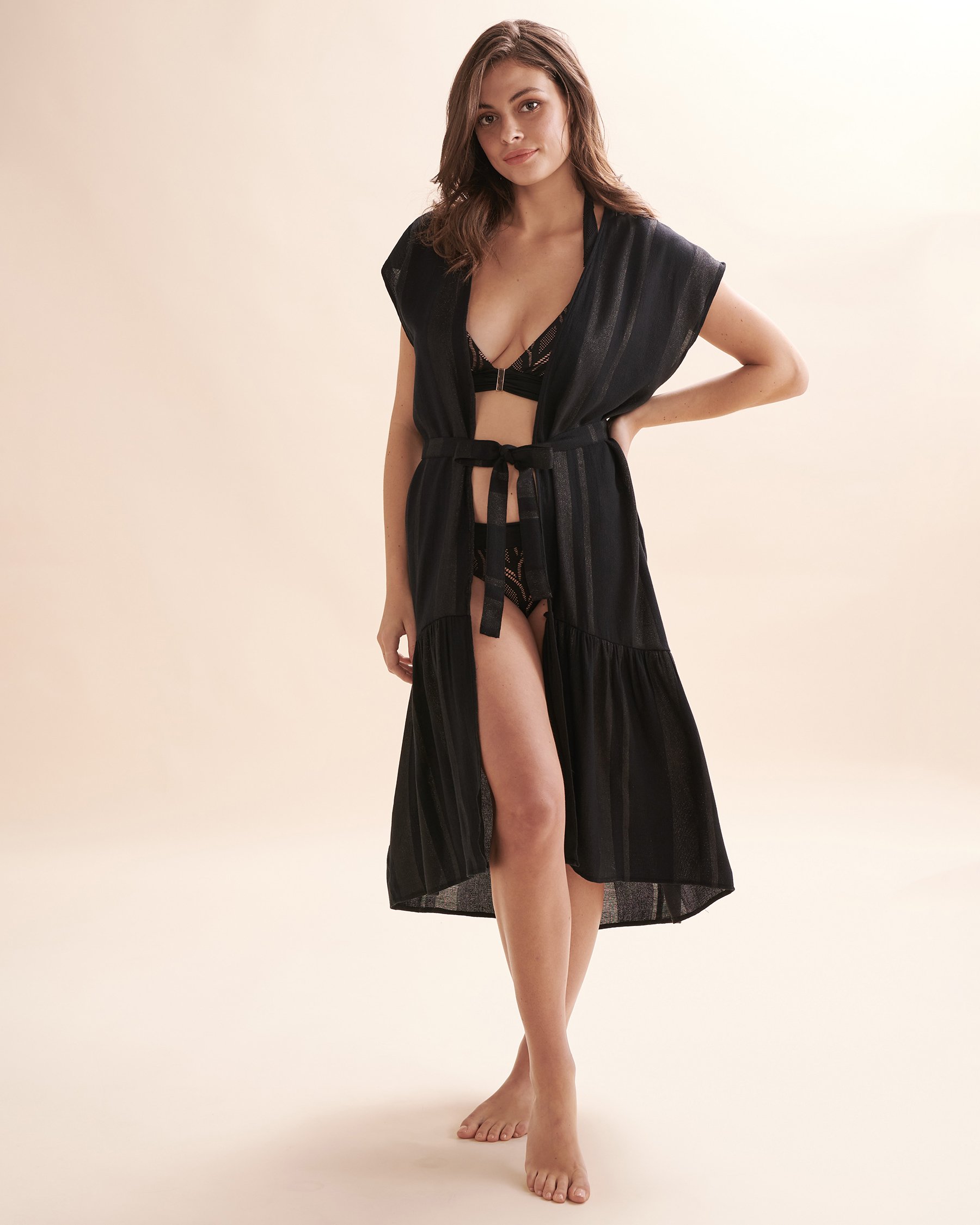 SANTEMARE Short Sleeve Kimono with Ruffle Detail Black stripes 02400022 - View3