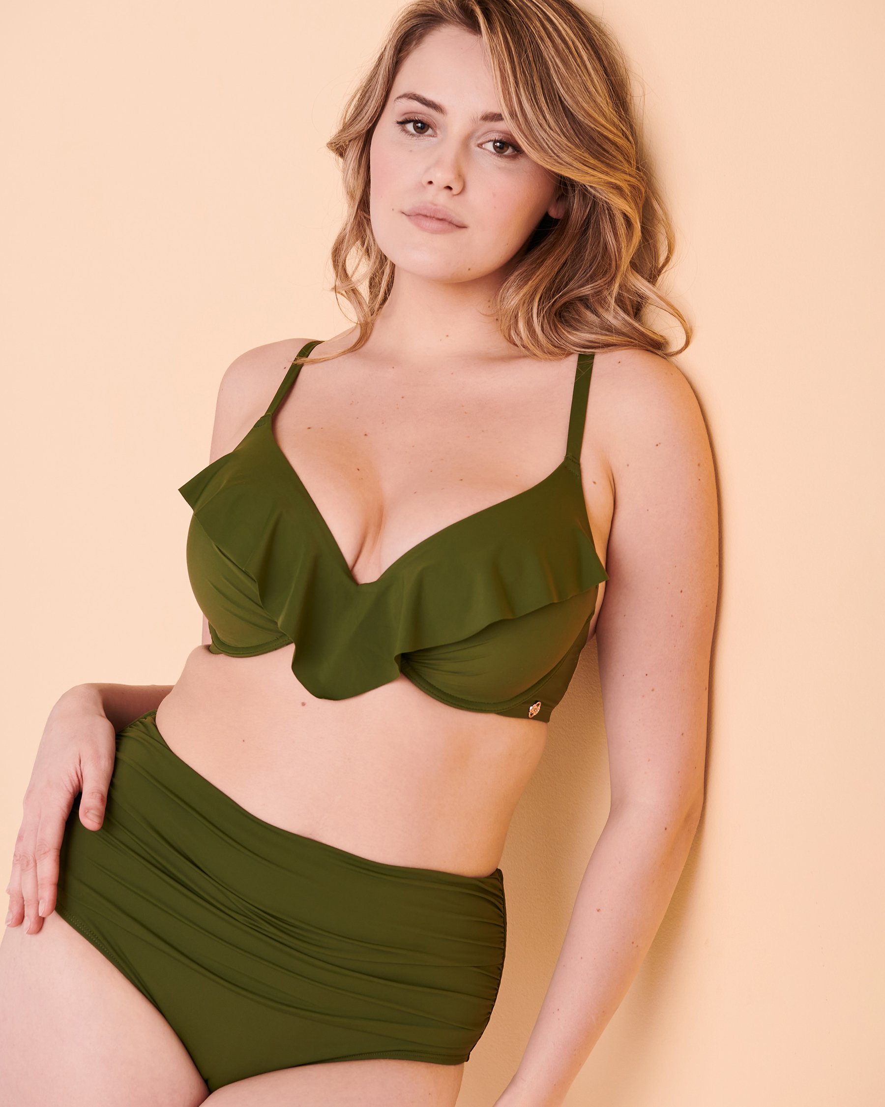 TURQUOISE COUTURE Solid D Cup Plunge Bikini Top Olive 01200048 - View2