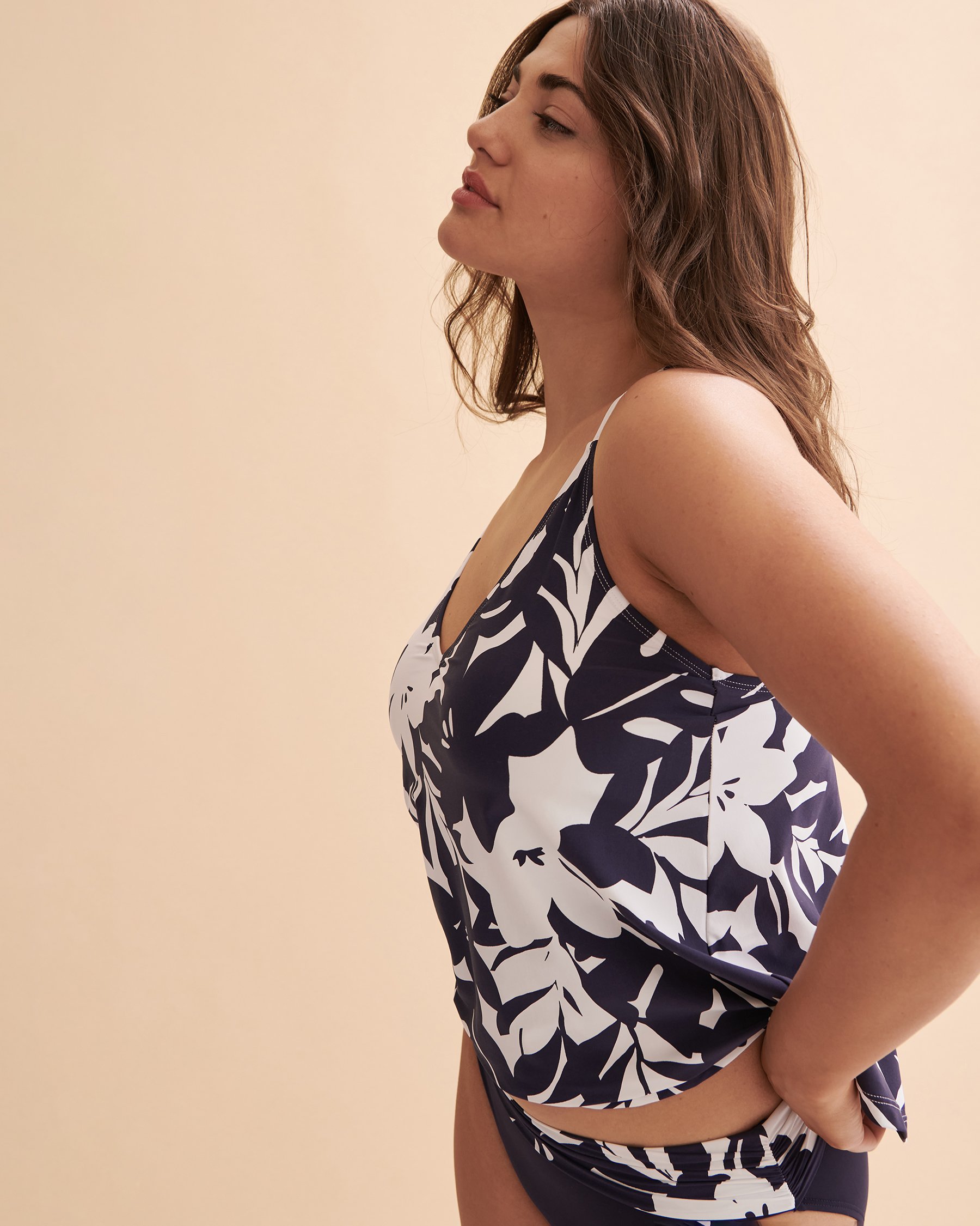 ANNE COLE Coastal Palm Triangle Tankini Top Navy and white palms 23MT22418 - View3