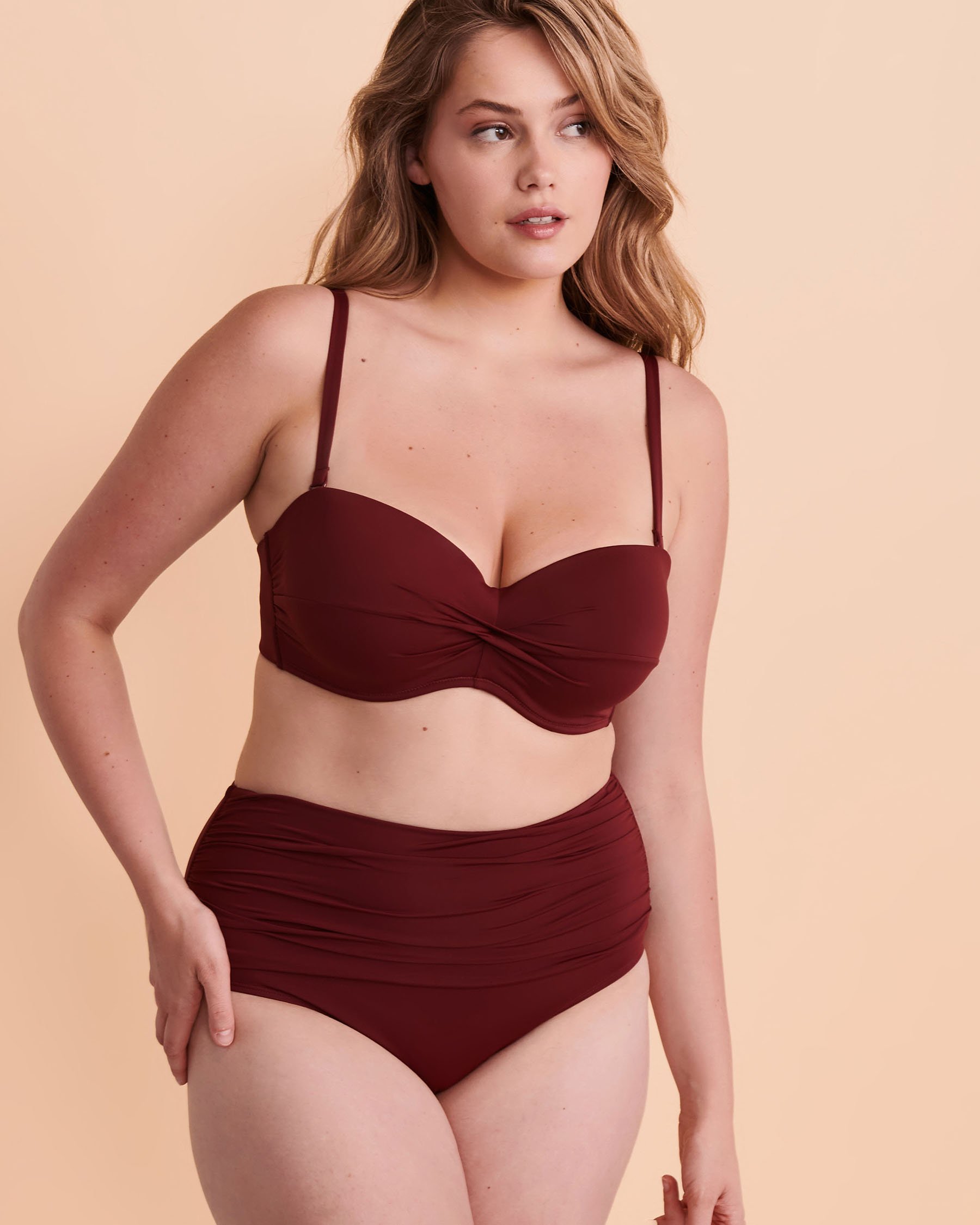 TURQUOISE COUTURE ZINFANDEL Shirred High Waist Bikini Bottom Red grape 01300145 - View4