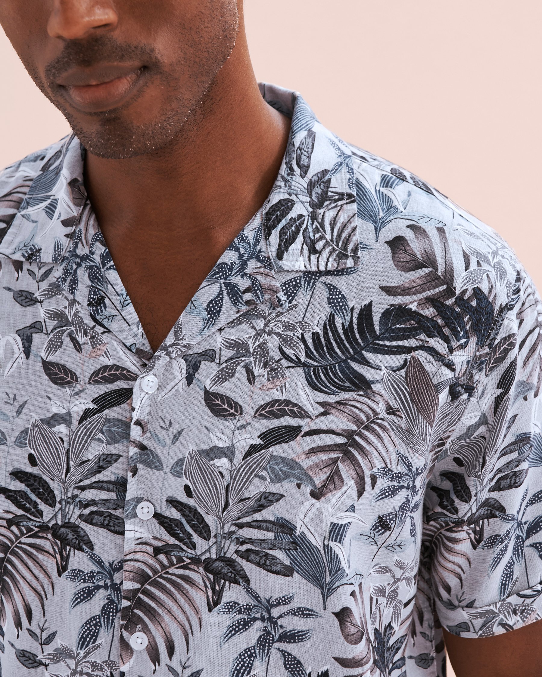 PUBLIC BEACH Linen Printed Short Sleeve Shirt Grey Leaves PB7217BIK - View3