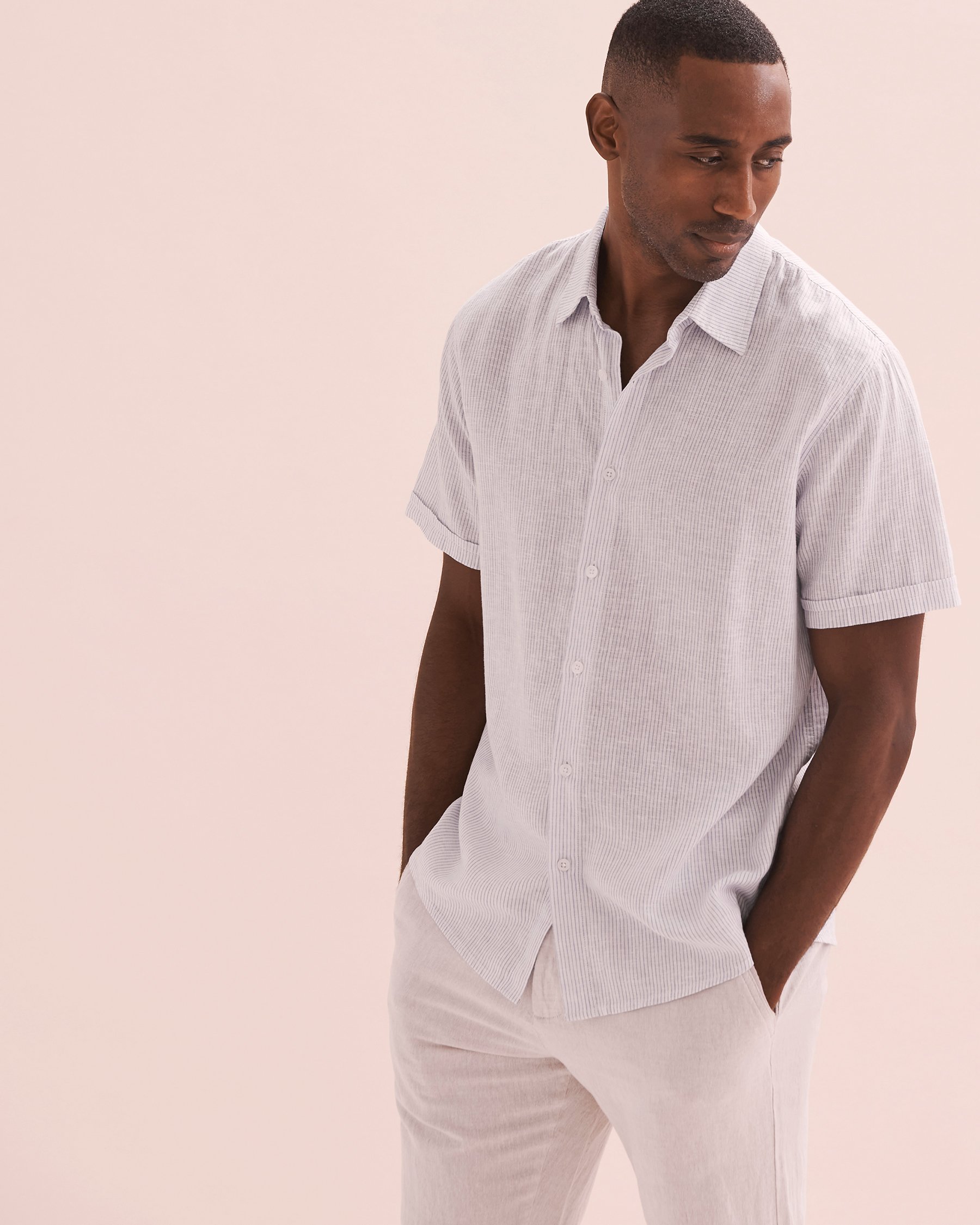 PUBLIC BEACH Chemise rayée manches courtes en lin Rayures bleu PB7216BIK - View1