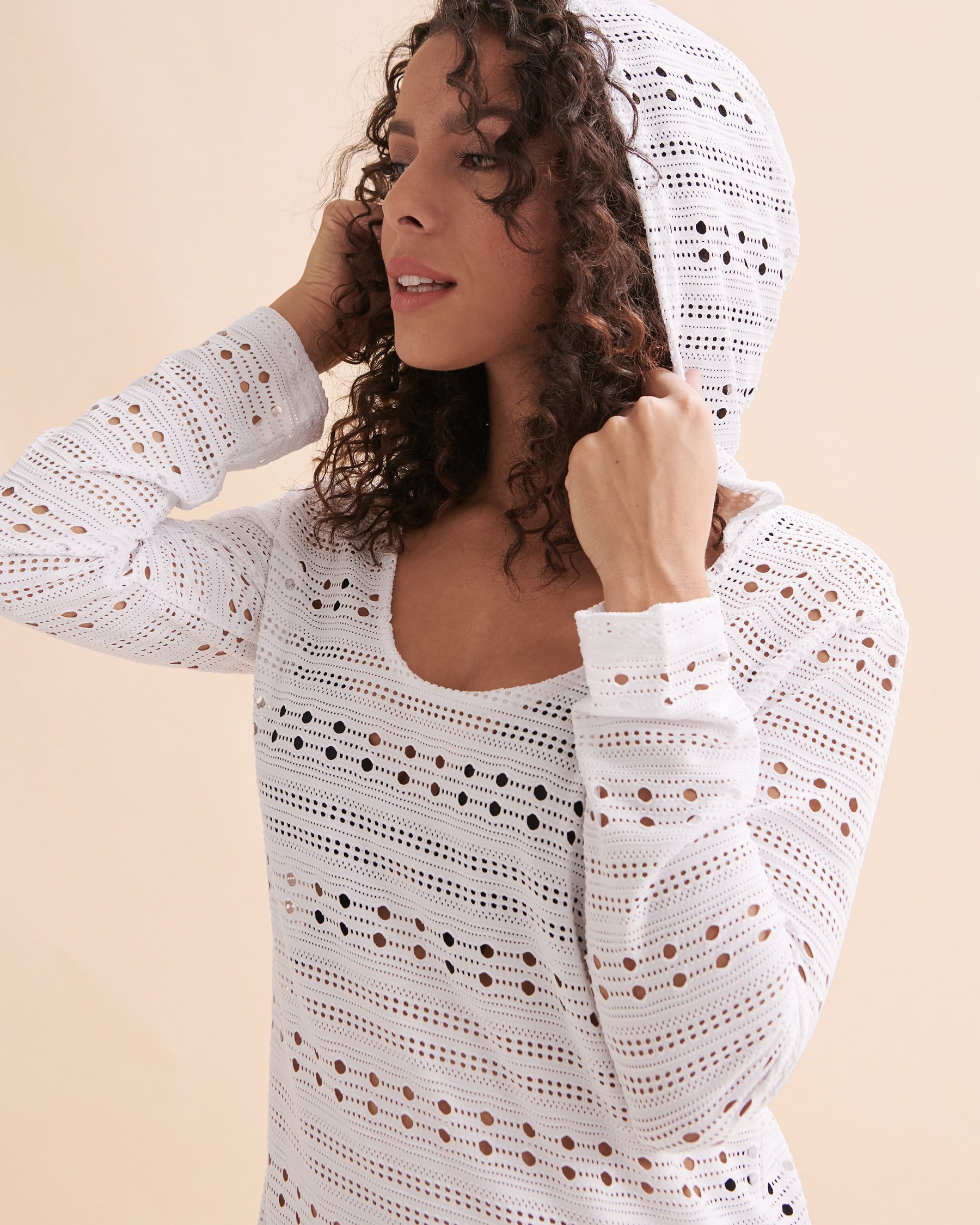 COVER ME Eden Rock Long Sleeve Hooded Crochet Tunic White 24057112 - View3