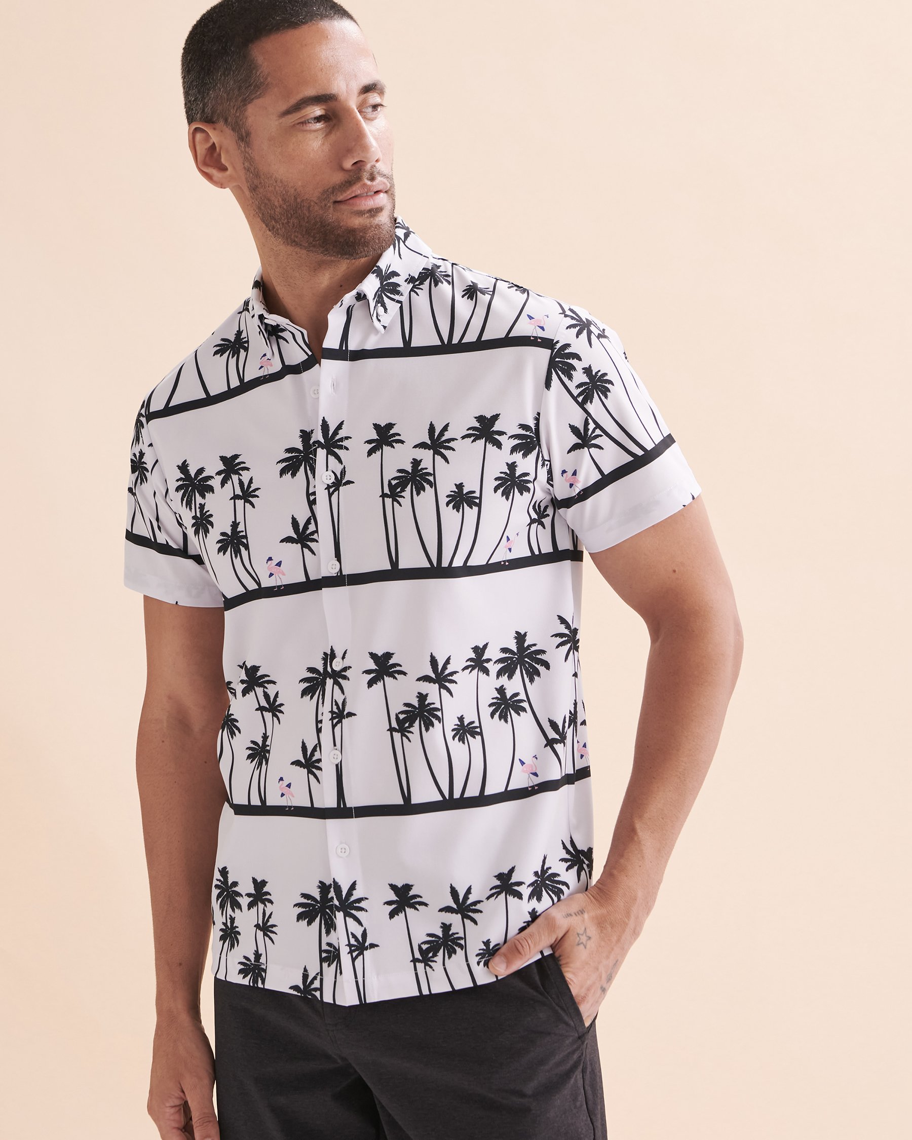 HAMABE Short Sleeve Shirt Stripe Palm Trees 04100017 - View1