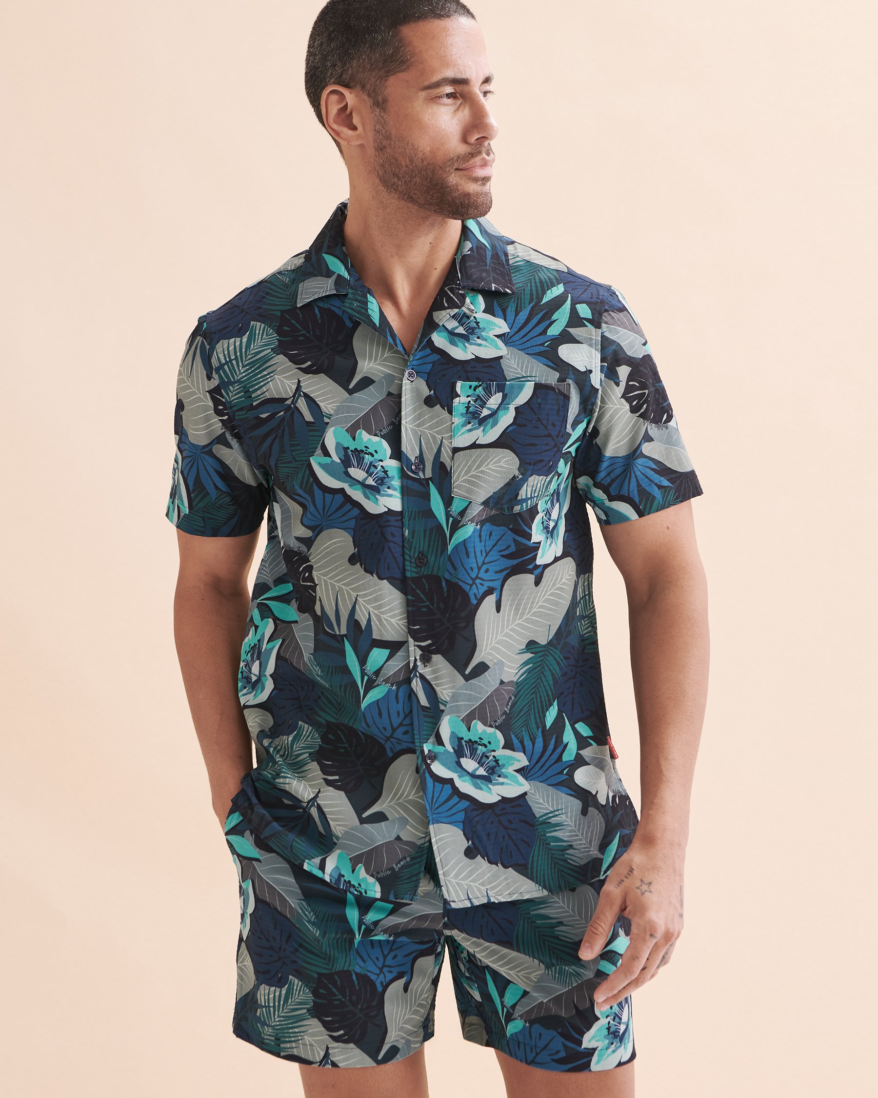 PUBLIC BEACH Short Sleeve Shirt Dark Blue Leaves PB6204BIK - View2