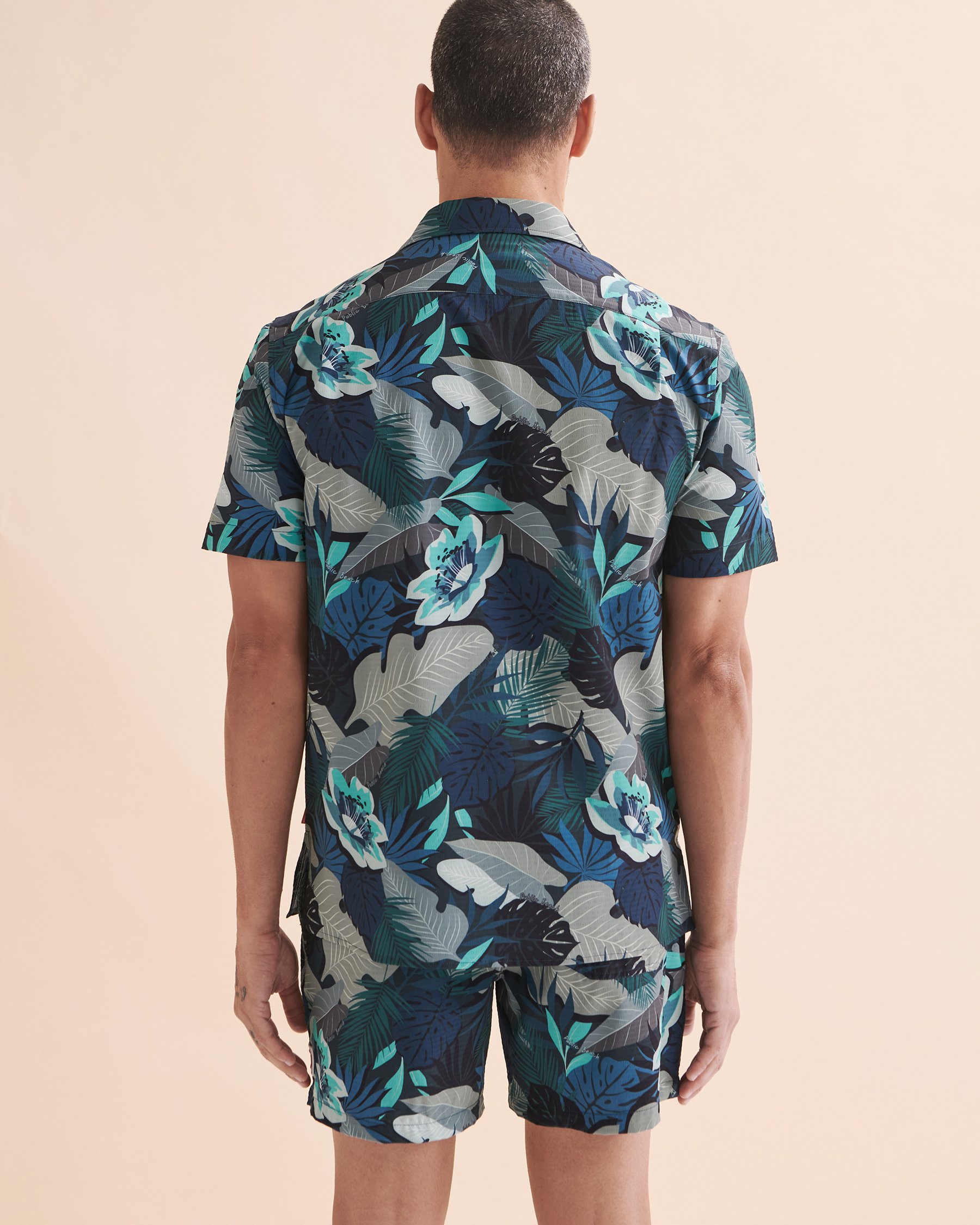 PUBLIC BEACH Short Sleeve Shirt Dark Blue Leaves PB6204BIK - View3