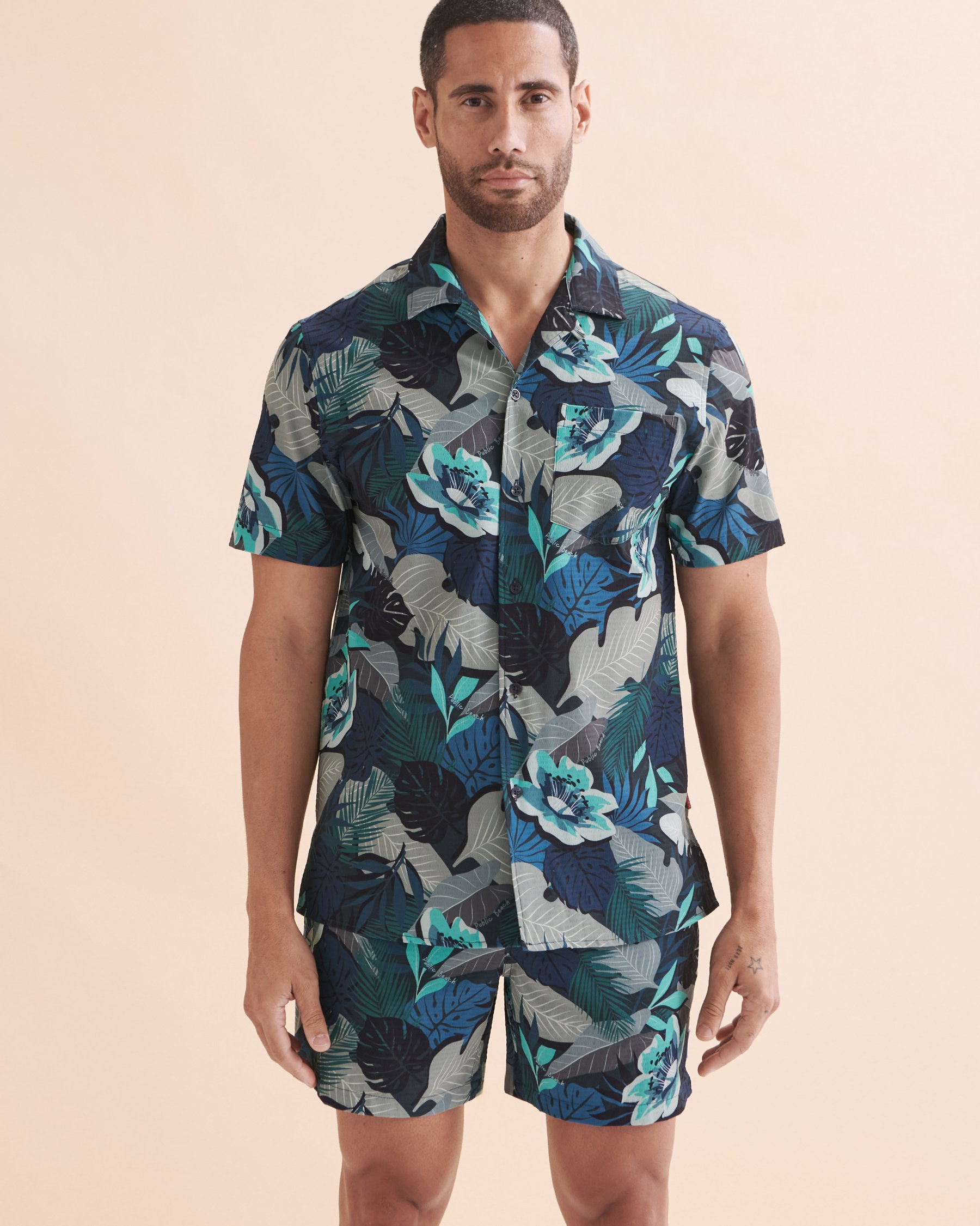 PUBLIC BEACH Short Sleeve Shirt Dark Blue Leaves PB6204BIK - View5