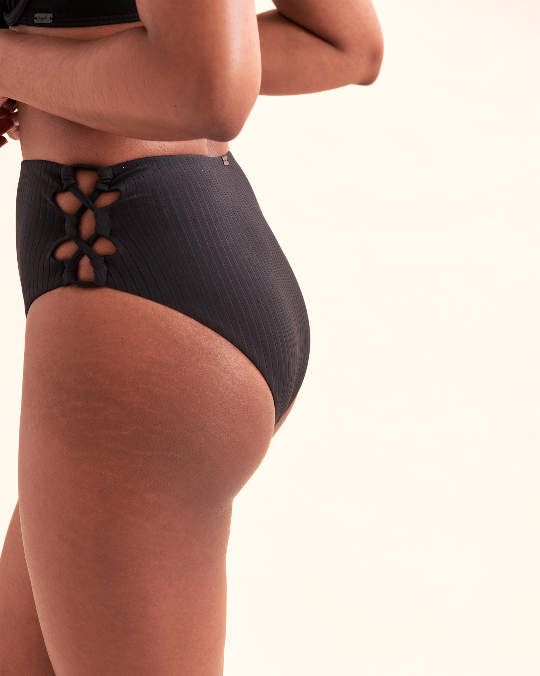 TROPIK Sunset Ribbed High Waist Brazilian Bikini Bottom Black 01300317 - View3