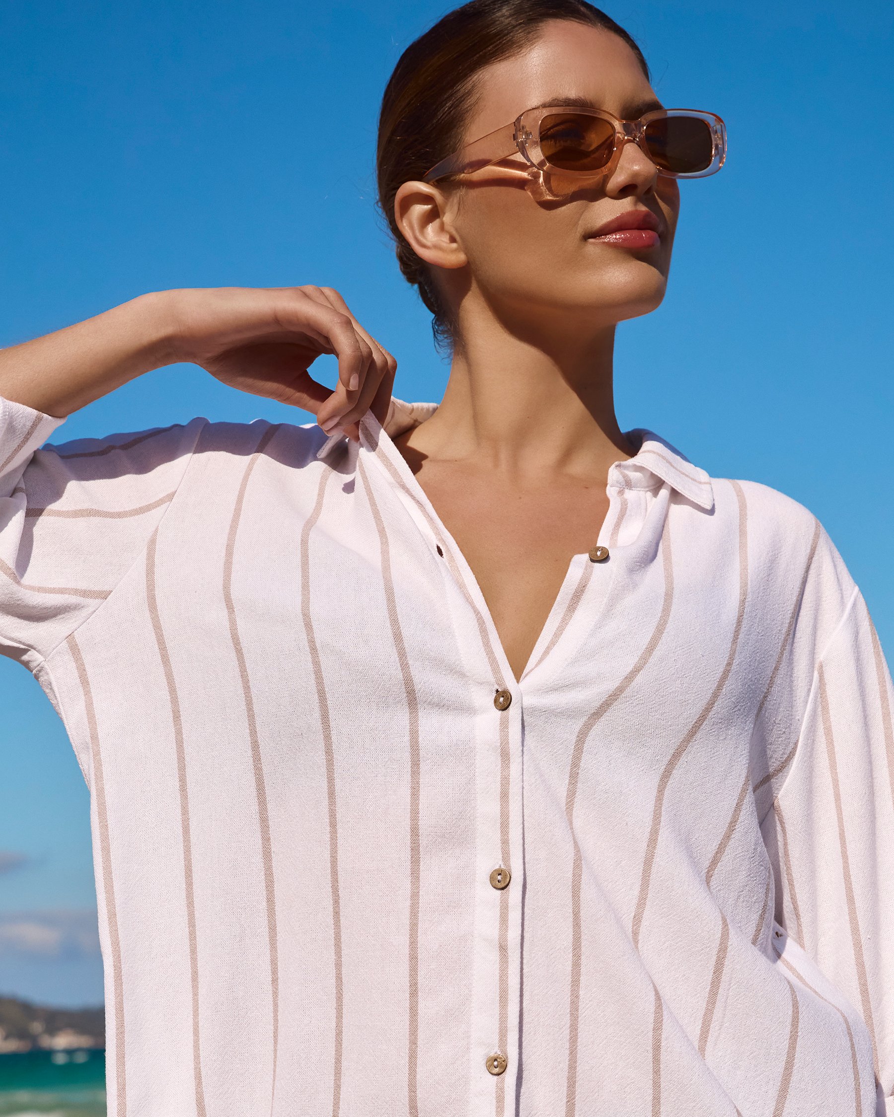 OFF THE BEACH Striped Long Sleeve Shirt Beige Sand Stripes 02100029 - View4