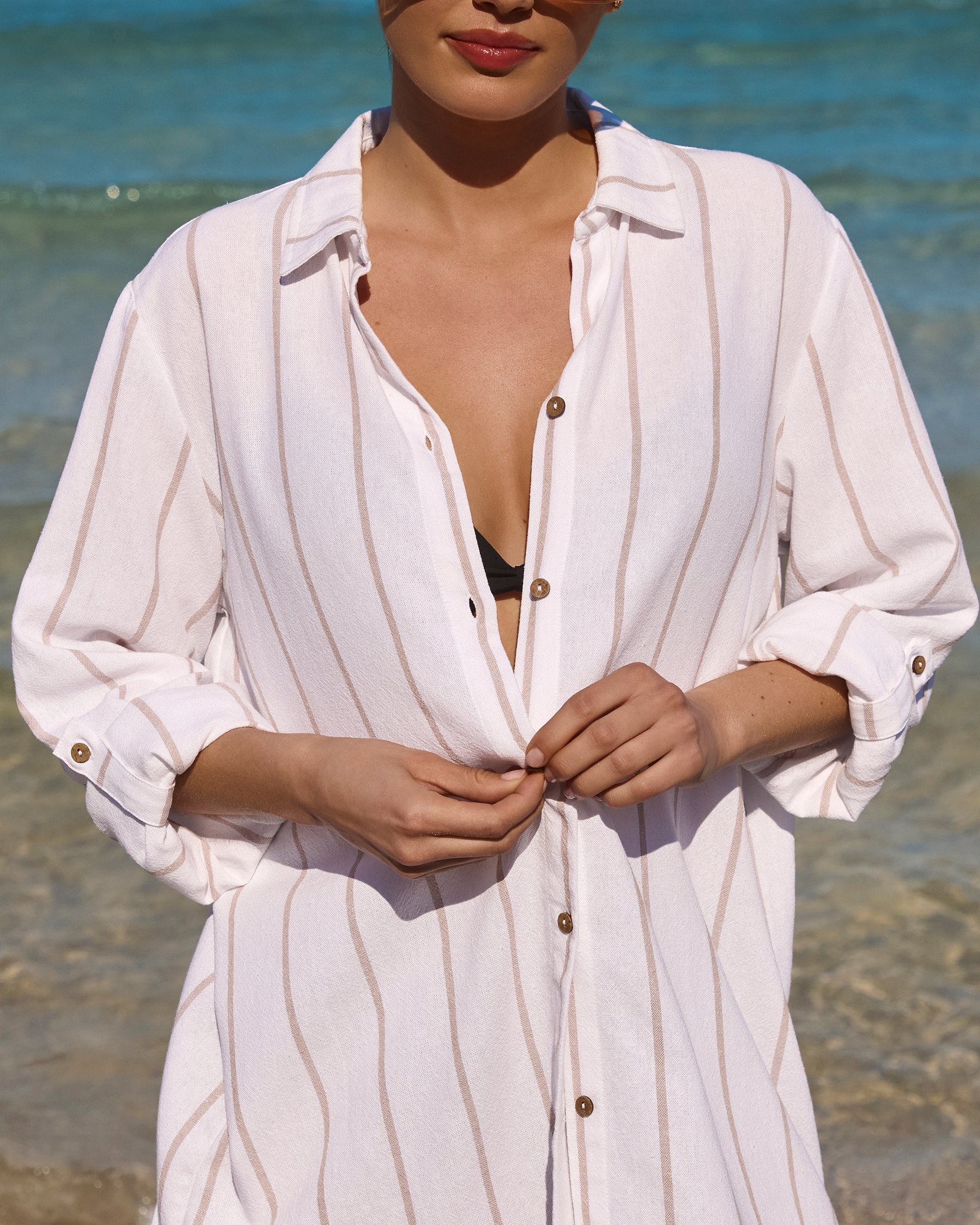 OFF THE BEACH Striped Long Sleeve Shirt Beige Sand Stripes 02100029 - View1