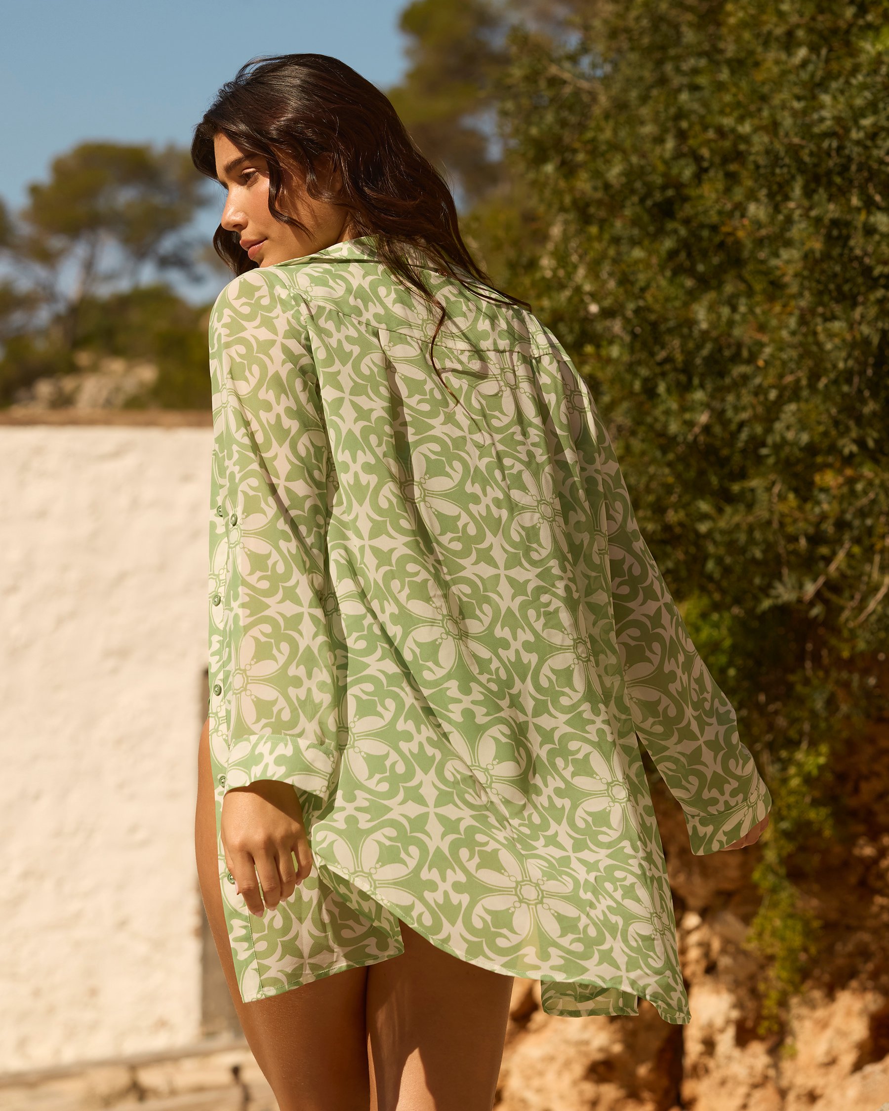 TURQUOISE COUTURE Chemise en mousseline à manches longues Mosaïque Vert Jade 02100037 - View2