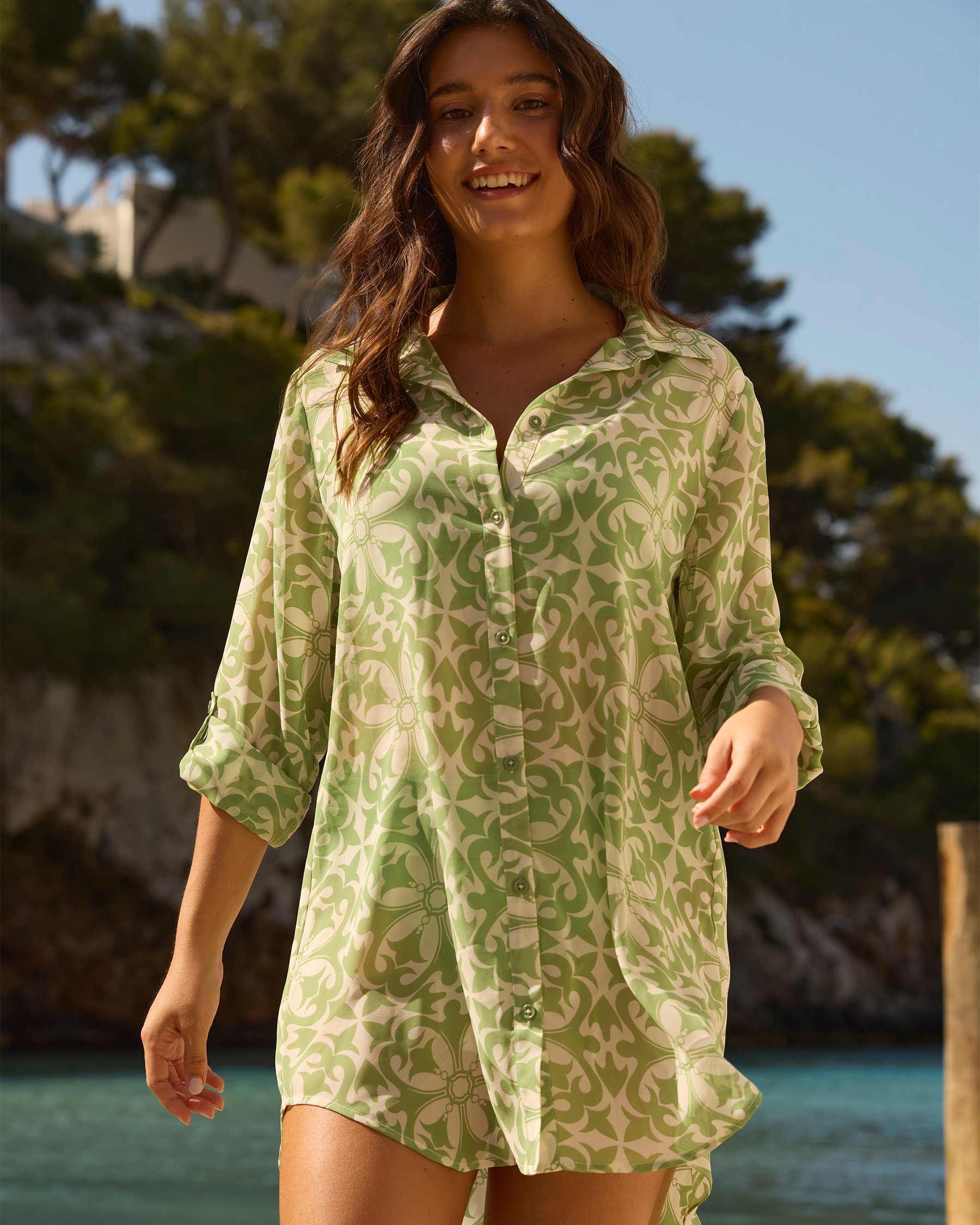 TURQUOISE COUTURE Long Sleeve Chiffon Shirt Jade Green Mosaic 02100037 - View3