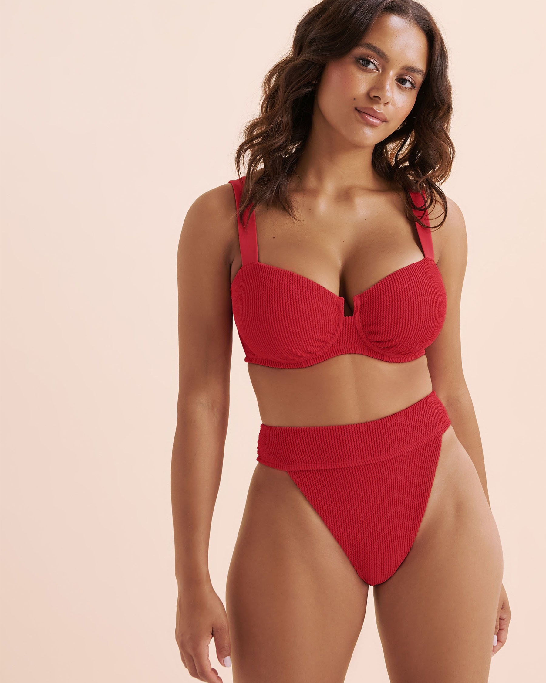 TROPIK Textured Smocked D Cup Plunge Bikini Top Red 01200106 - View1