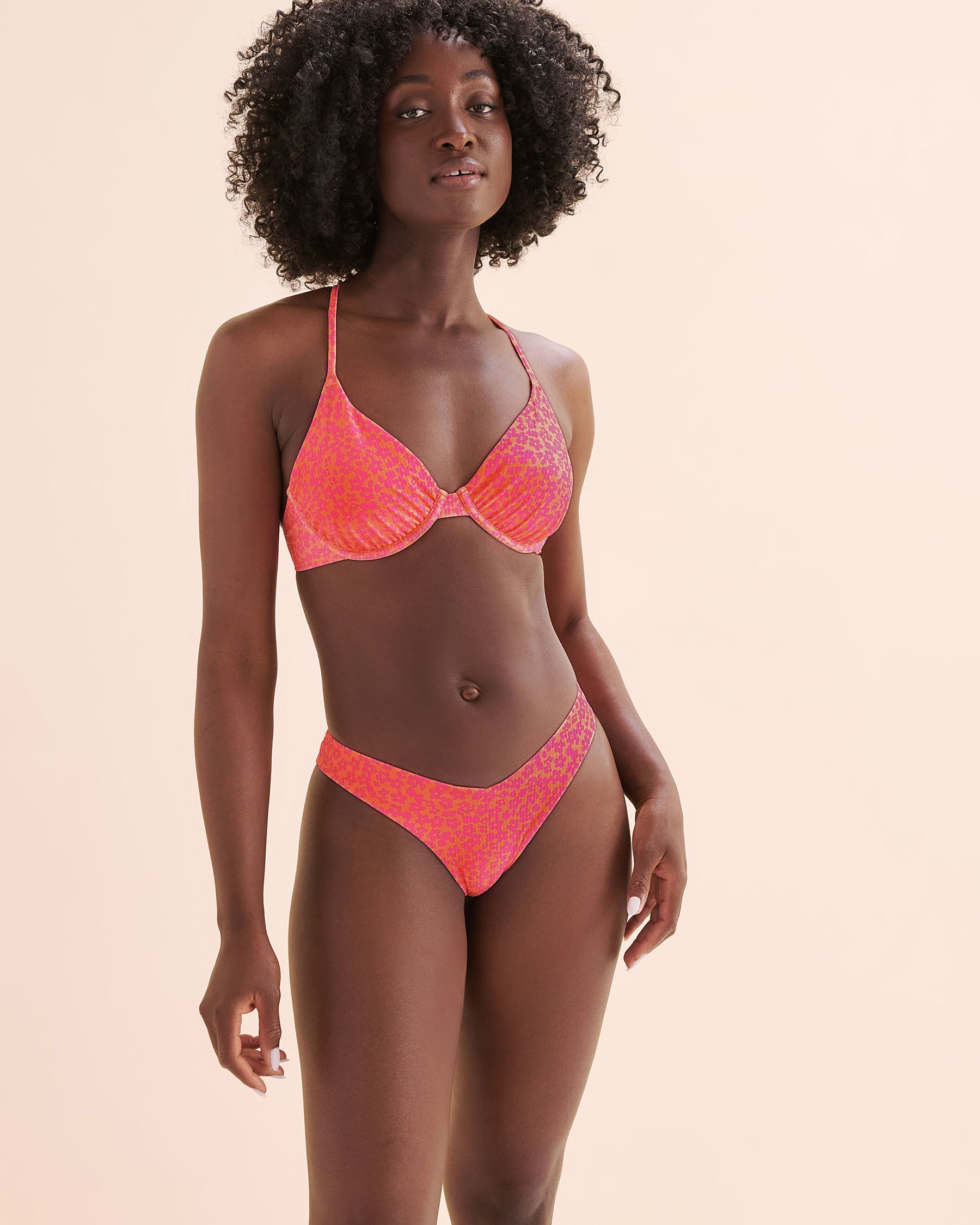 MY BIKINI STORY Ribbed Low Rise Thong Bikini Bottom Vivid Orange 01300467 - View4