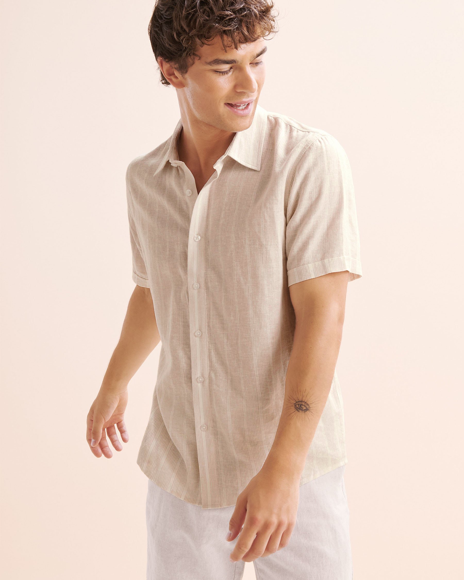 PUBLIC BEACH Stripe Linen Blend Shirt Beige PB8218BIK - View1