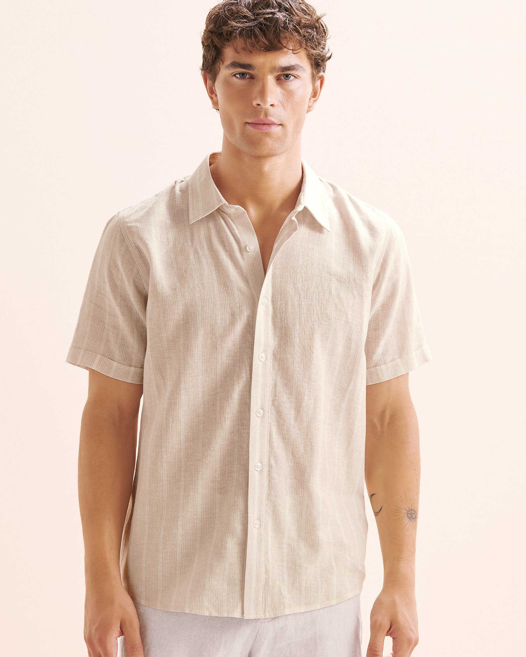 PUBLIC BEACH Chemise en mélange de lin rayé Beige PB8218BIK - View6