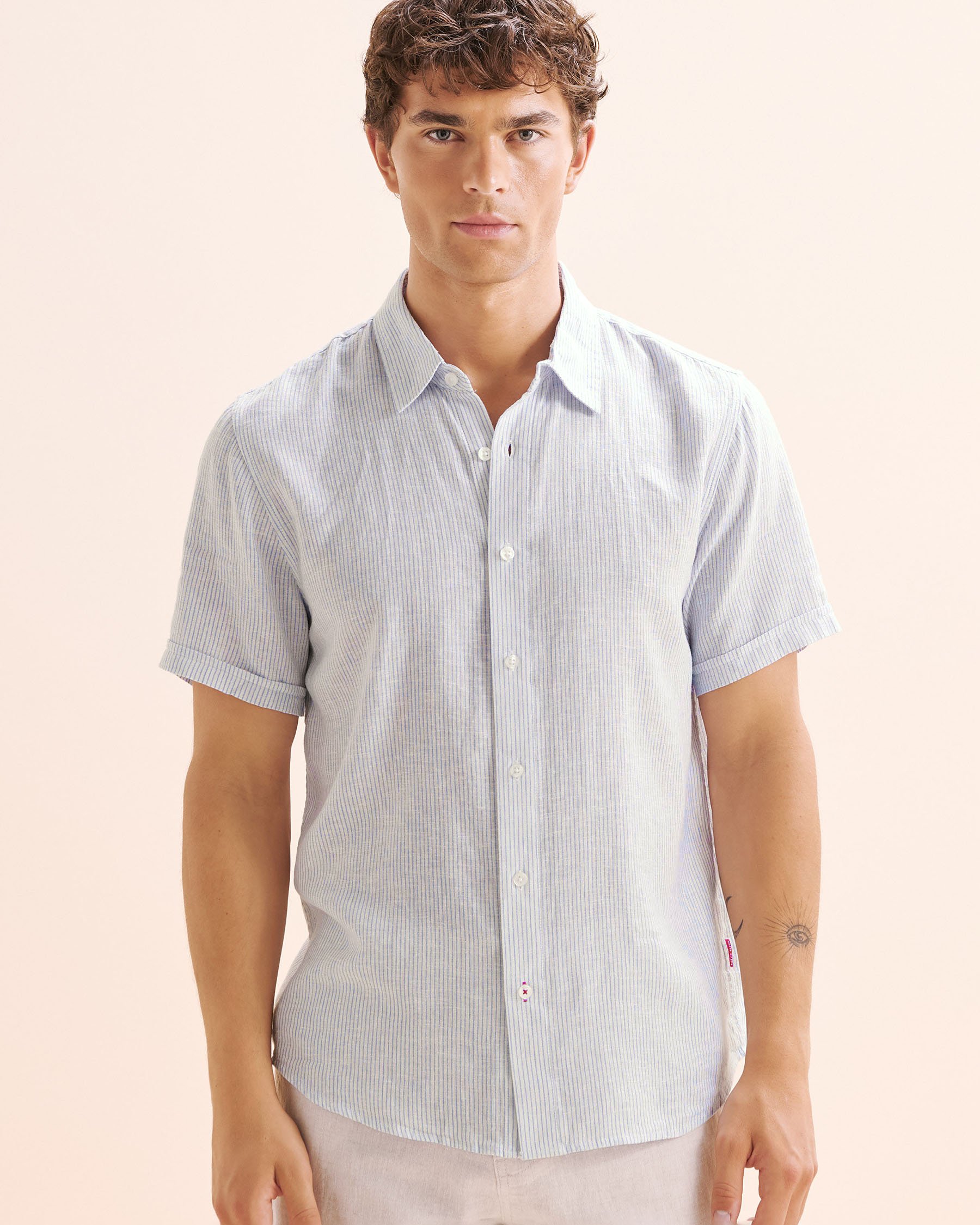 PUBLIC BEACH Chemise en mélange de lin rayé Bleu PB8216BIK - View4