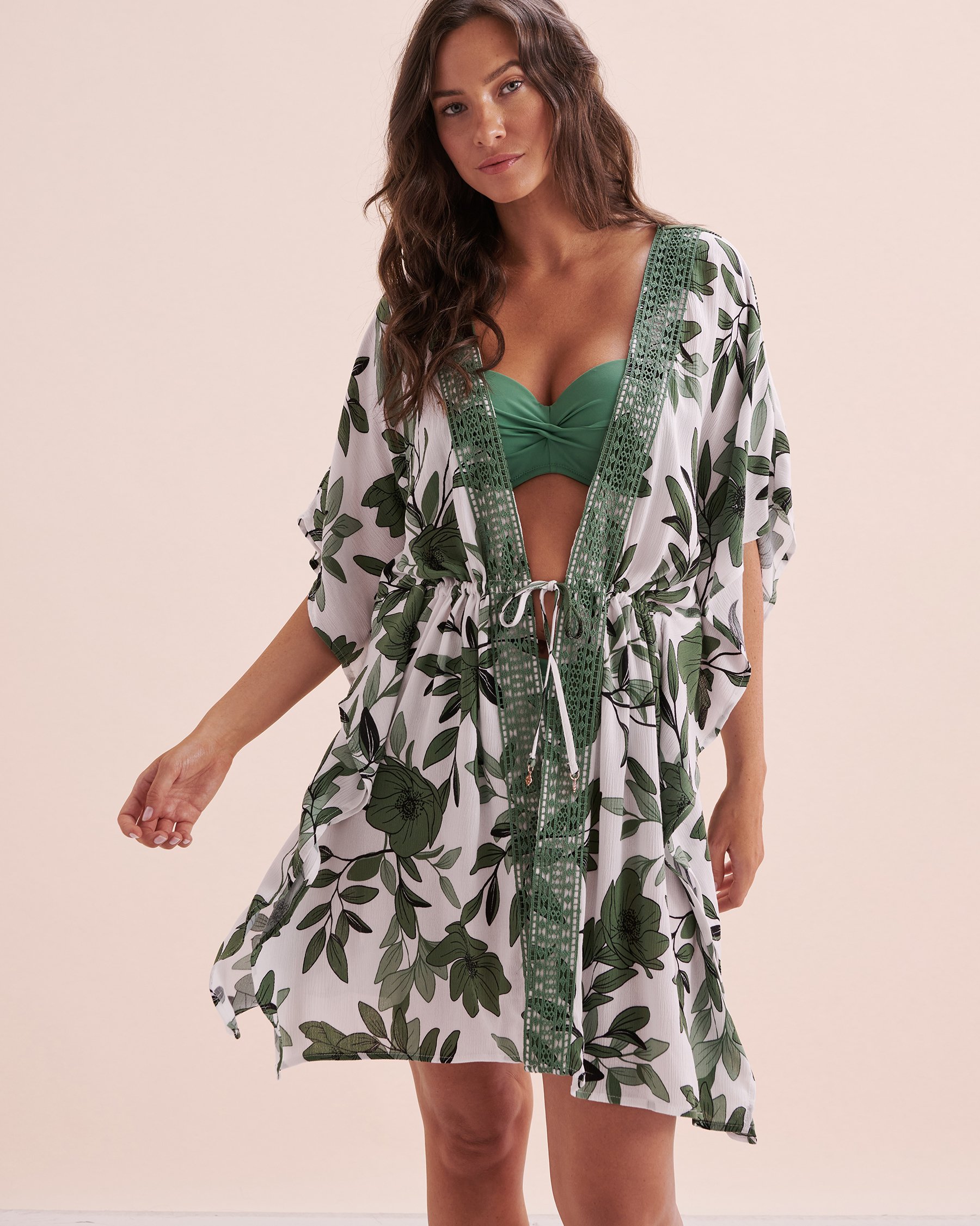 TURQUOISE COUTURE Caftan gaze et détails en crochet Vert botanique 02400043 - Voir1