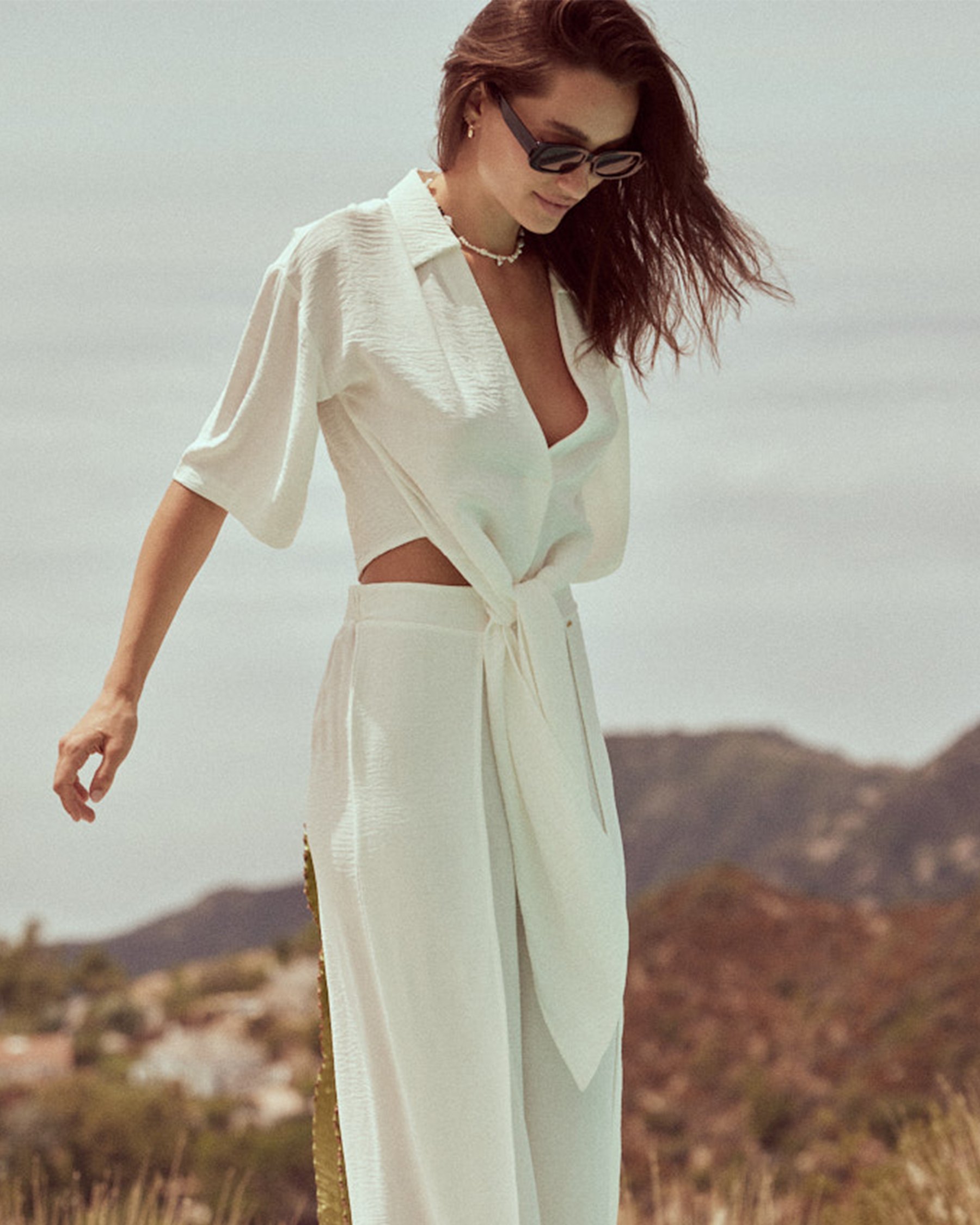 EVERYDAY SUNDAY Chemise de plage manches courtes nouée Blanc cassé ESBEAW04173 - Voir4