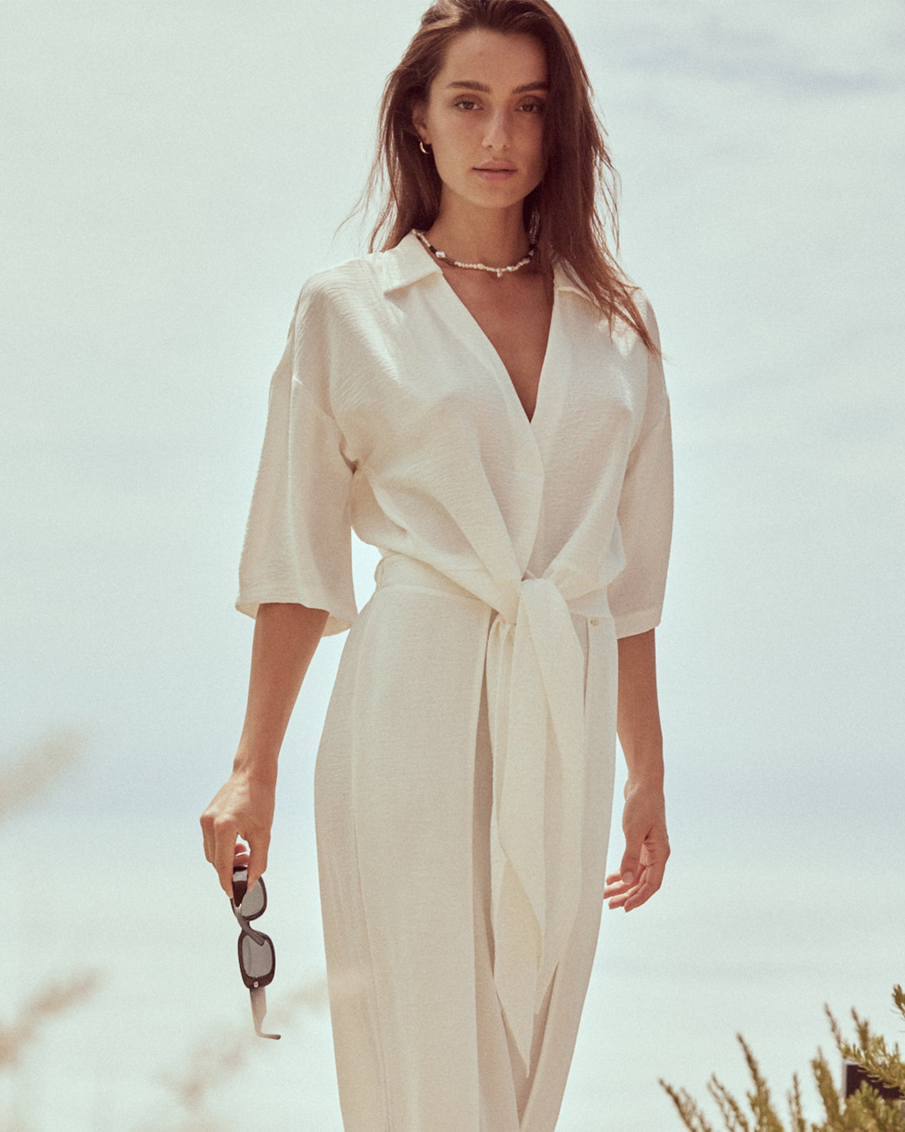 EVERYDAY SUNDAY Front Tie Cover Up Short Sleeve Shirt Off White ESBEAW04173 - View3