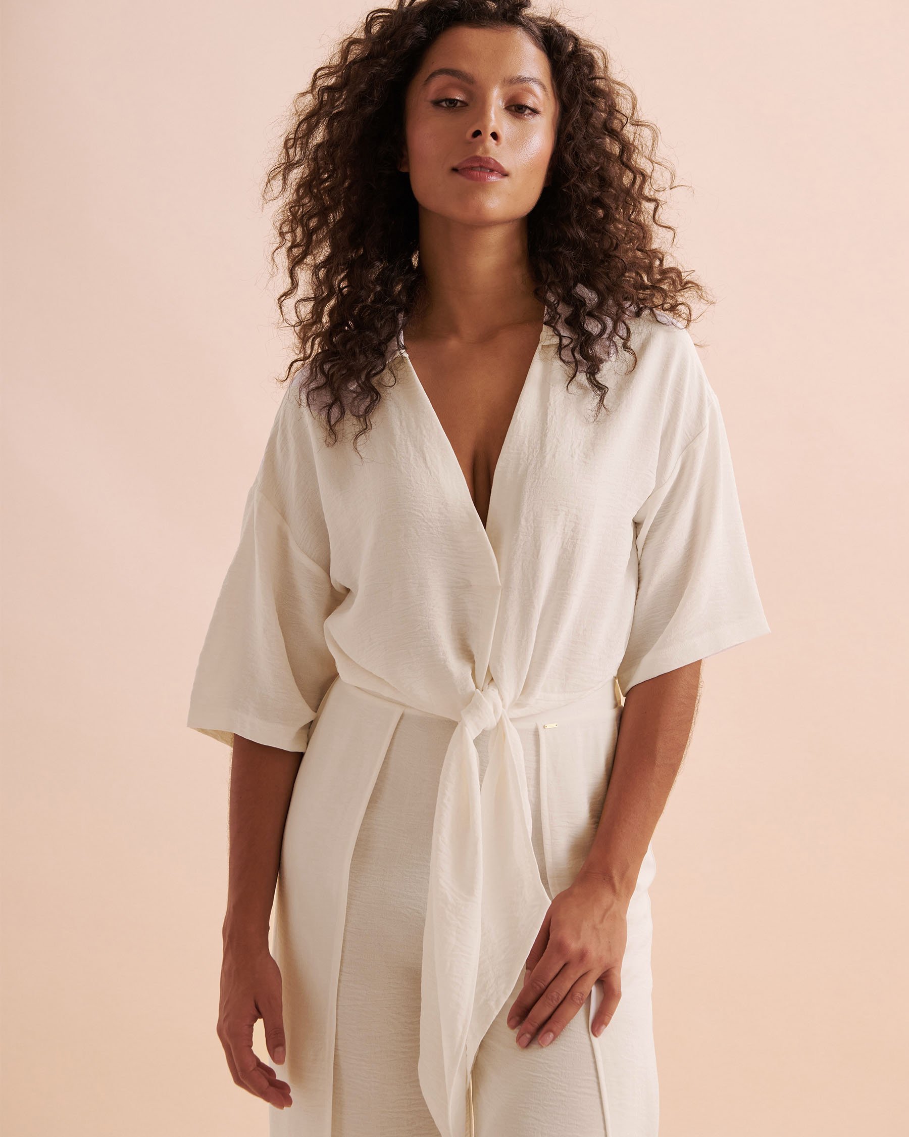 EVERYDAY SUNDAY Front Tie Cover Up Short Sleeve Shirt Off White ESBEAW04173 - View5