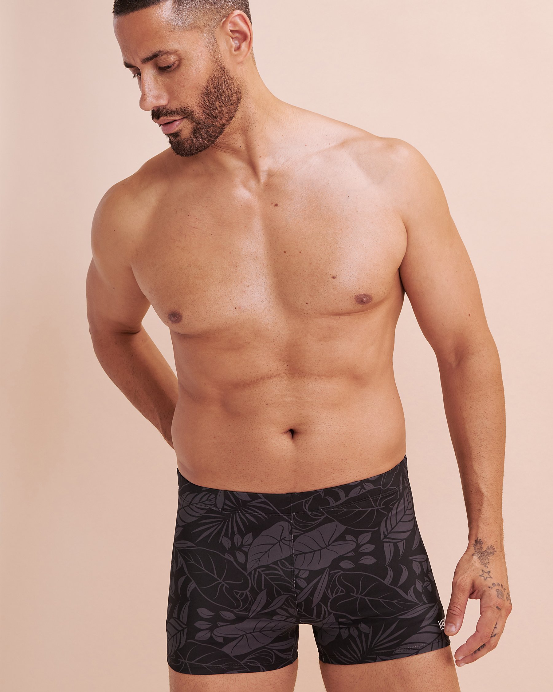 HAMABE Print Boxer Swimsuit Black Leaf 03100030 - View4