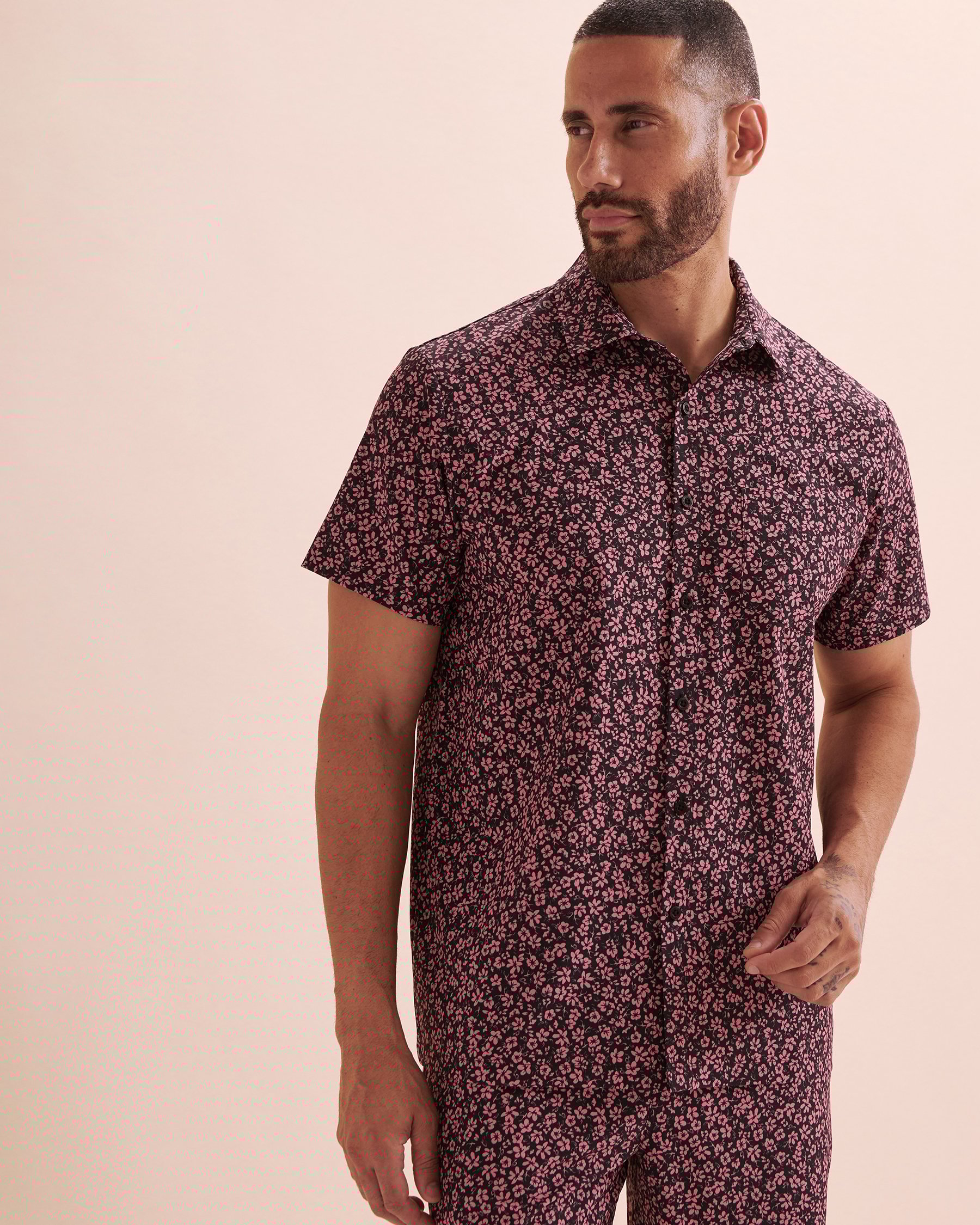 HAMABE Chemise à manches courtes Imprimé rose noire 04100028 - Voir1