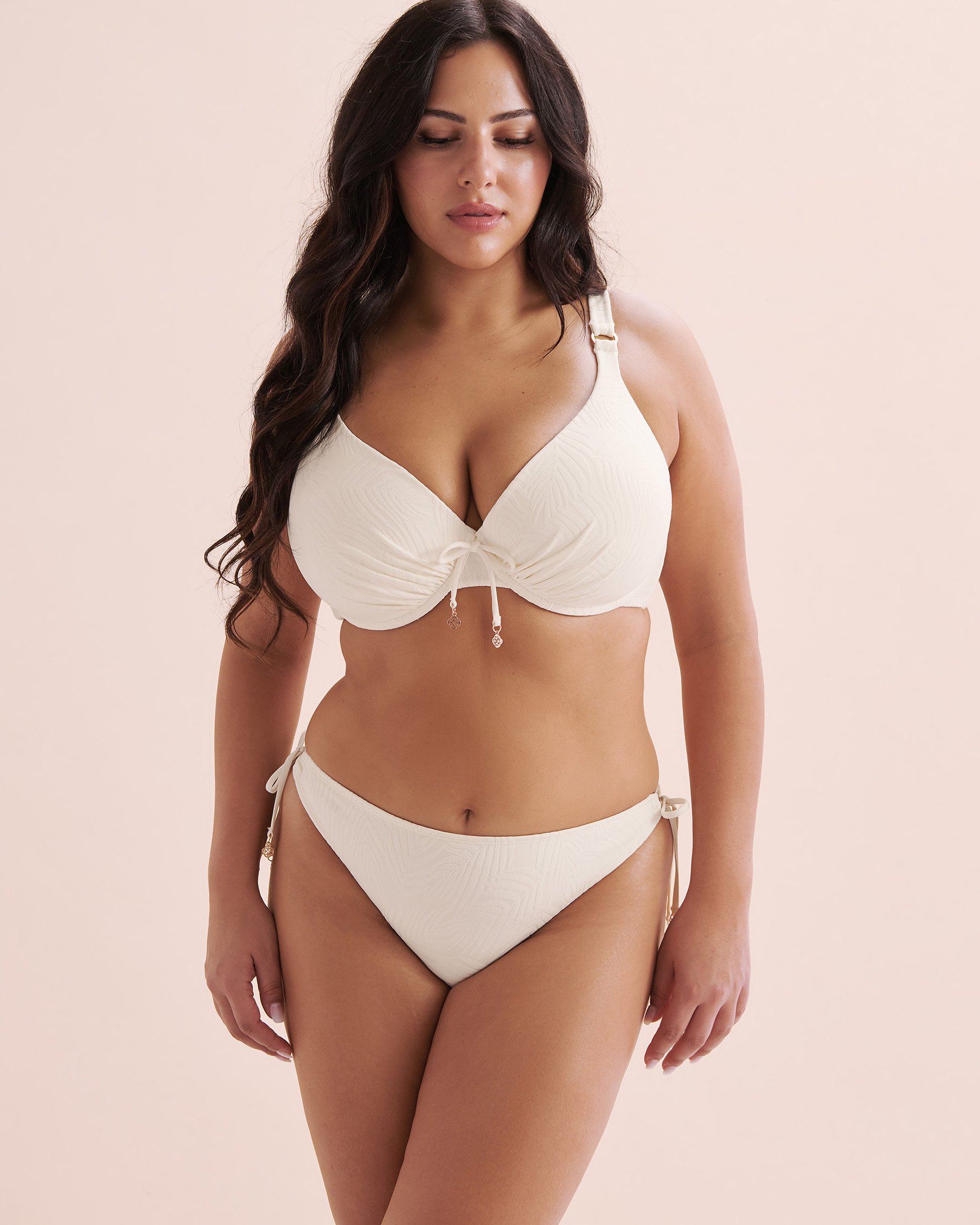 TURQUOISE COUTURE Tropical Textured D Cup Plunge Bikini Top White 01200090 - View5