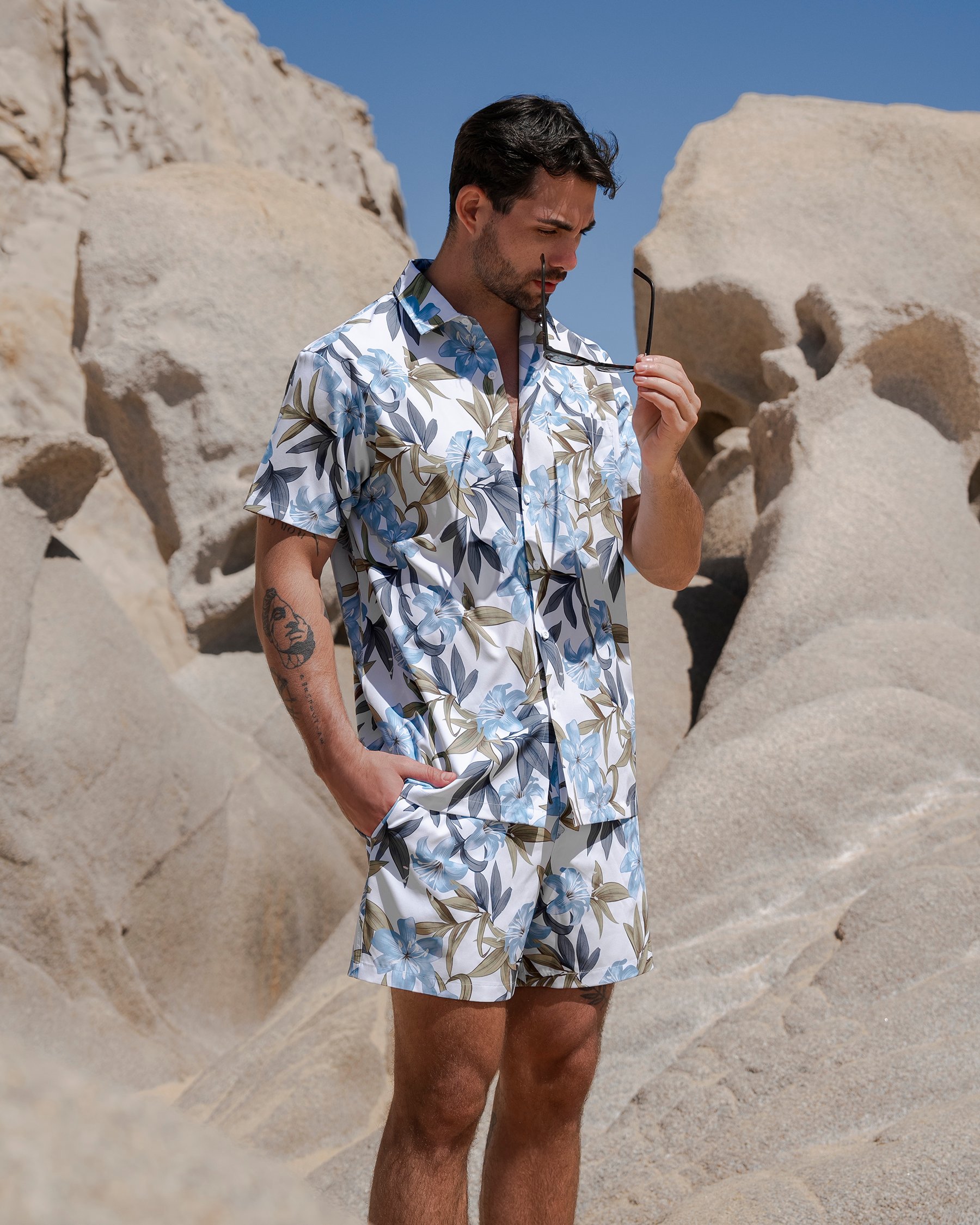 HAMABE Chemise à manches courtes Bleu et blanc brillant 04100030 - View1