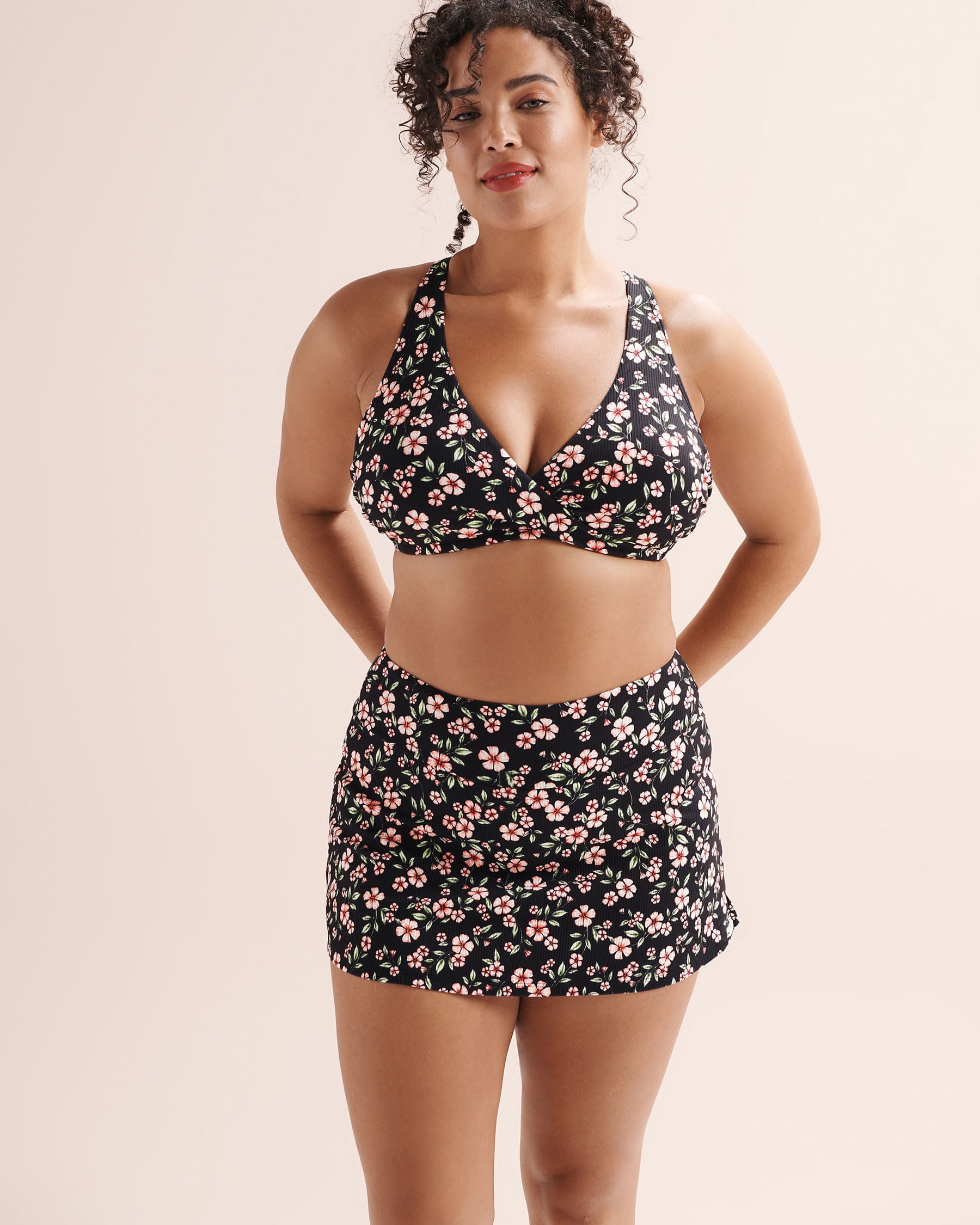 EAU DE SEA Floral Ribbed Crossover D Cup Bralette Bikini Top Black 01200145 - View1