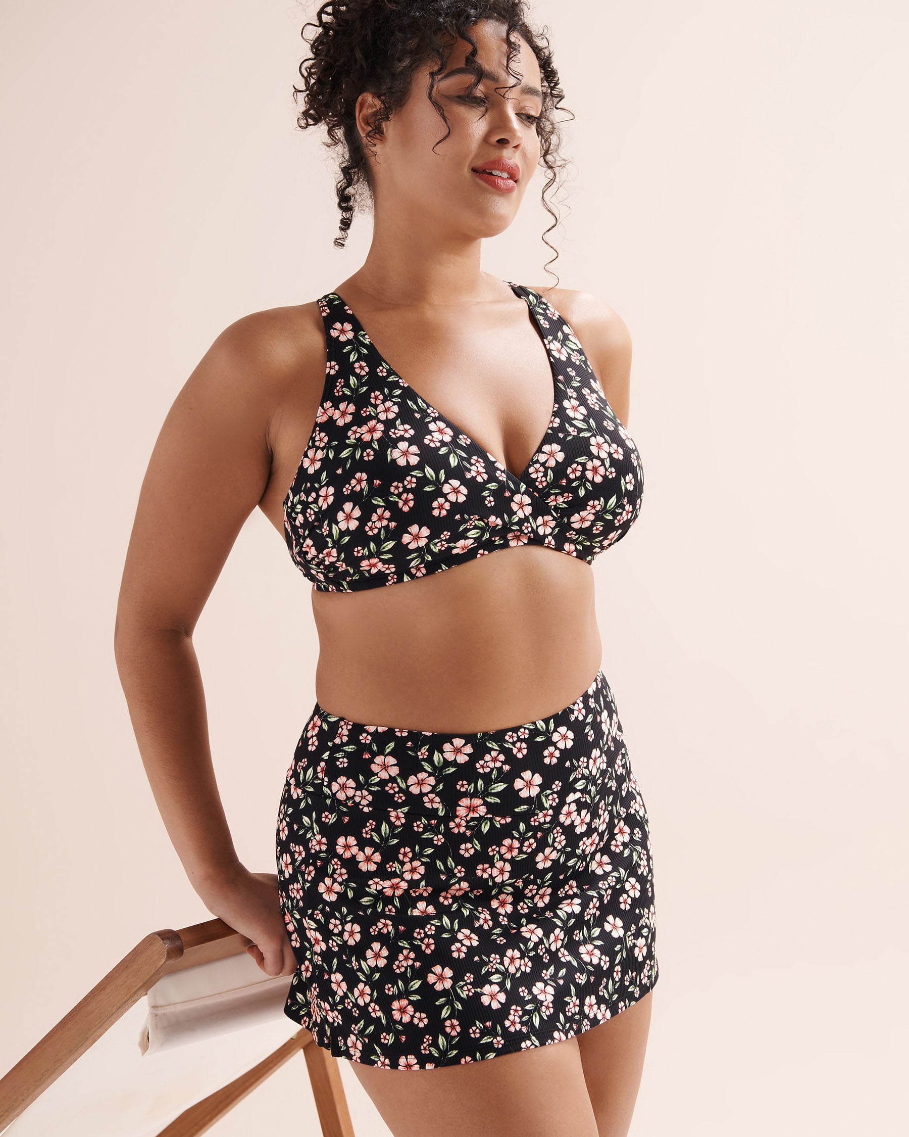EAU DE SEA Floral Ribbed Crossover D Cup Bralette Bikini Top Black 01200145 - View5