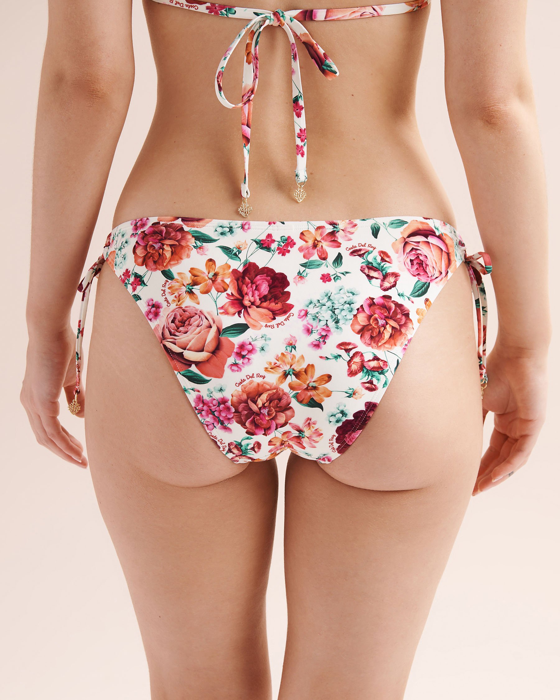COSTA DEL REY Floral Side Tie Low-Rise Brazilian Bikini Bottom White 01300622 - View3