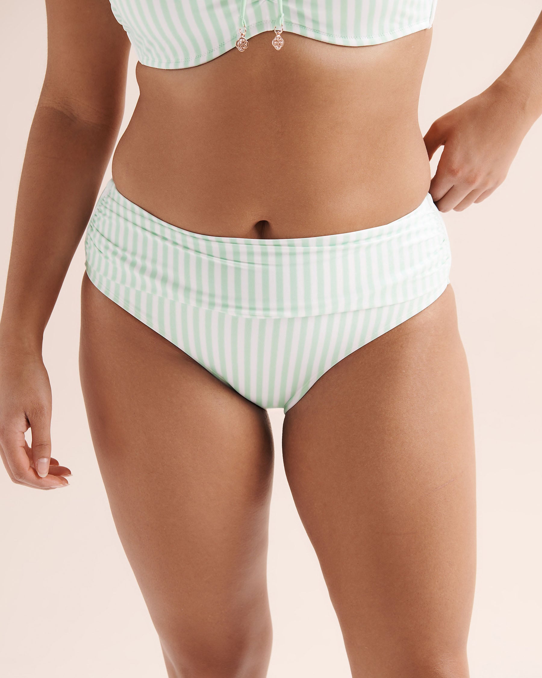 TURQUOISE COUTURE Striped Shirred Tummy Control Mid-Rise Bikini Bottom Blue 01300627 - View1